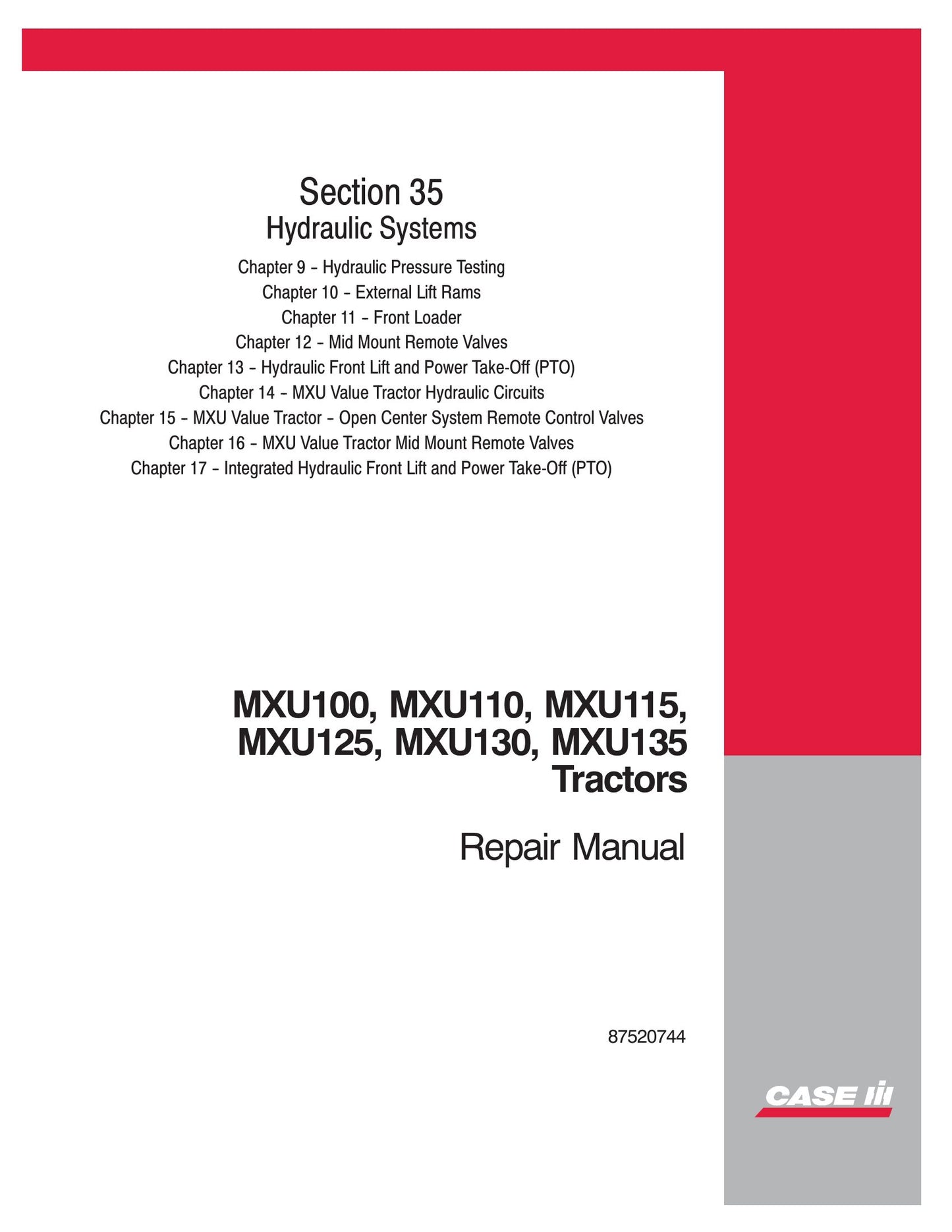 CASE MXU100 MXU110 MXU115 MXU125 MXU130 MXU135 Tractor Factory Workshop Repair Manual 87520742
