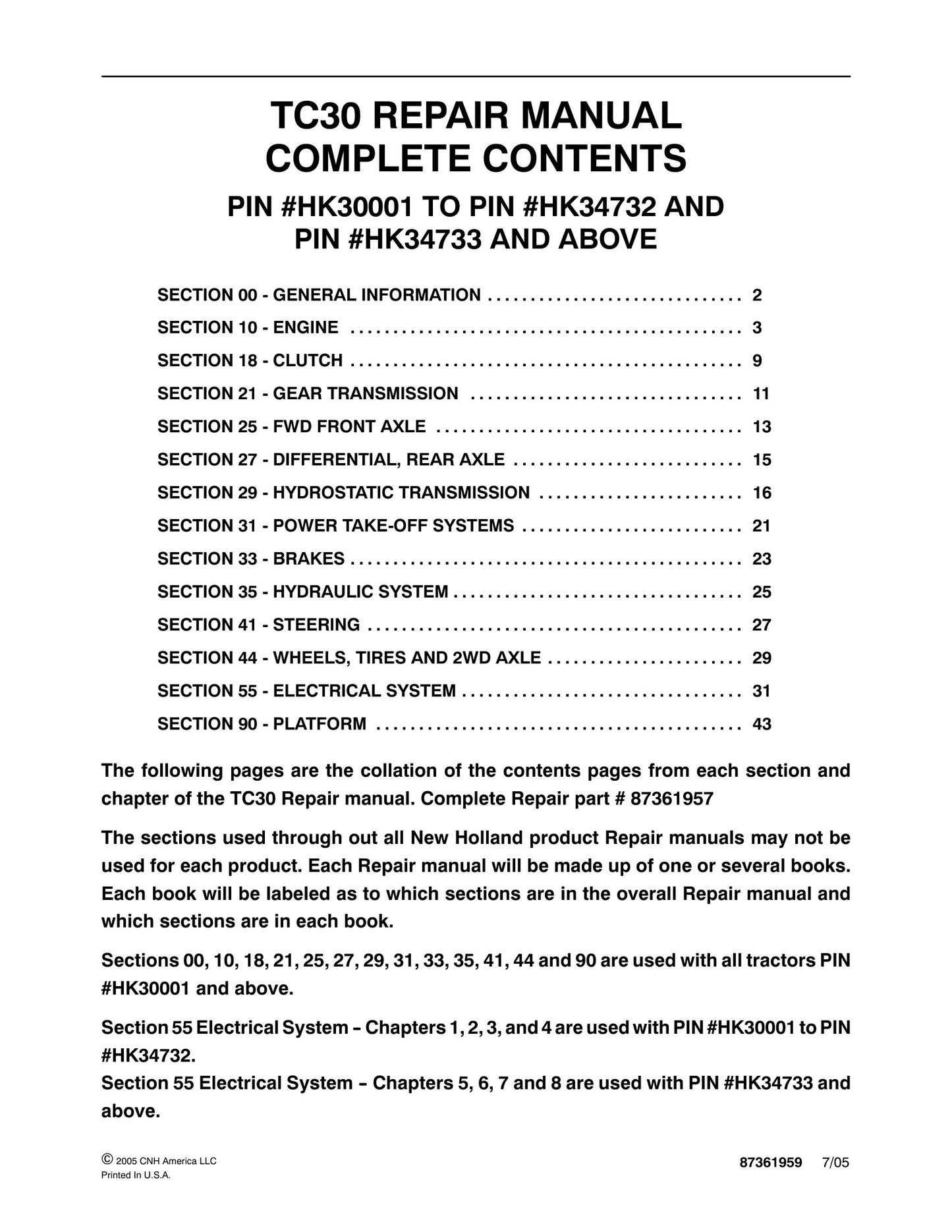 New Holland TC30 Tractor Factory Workshop Repair Manual 87361959