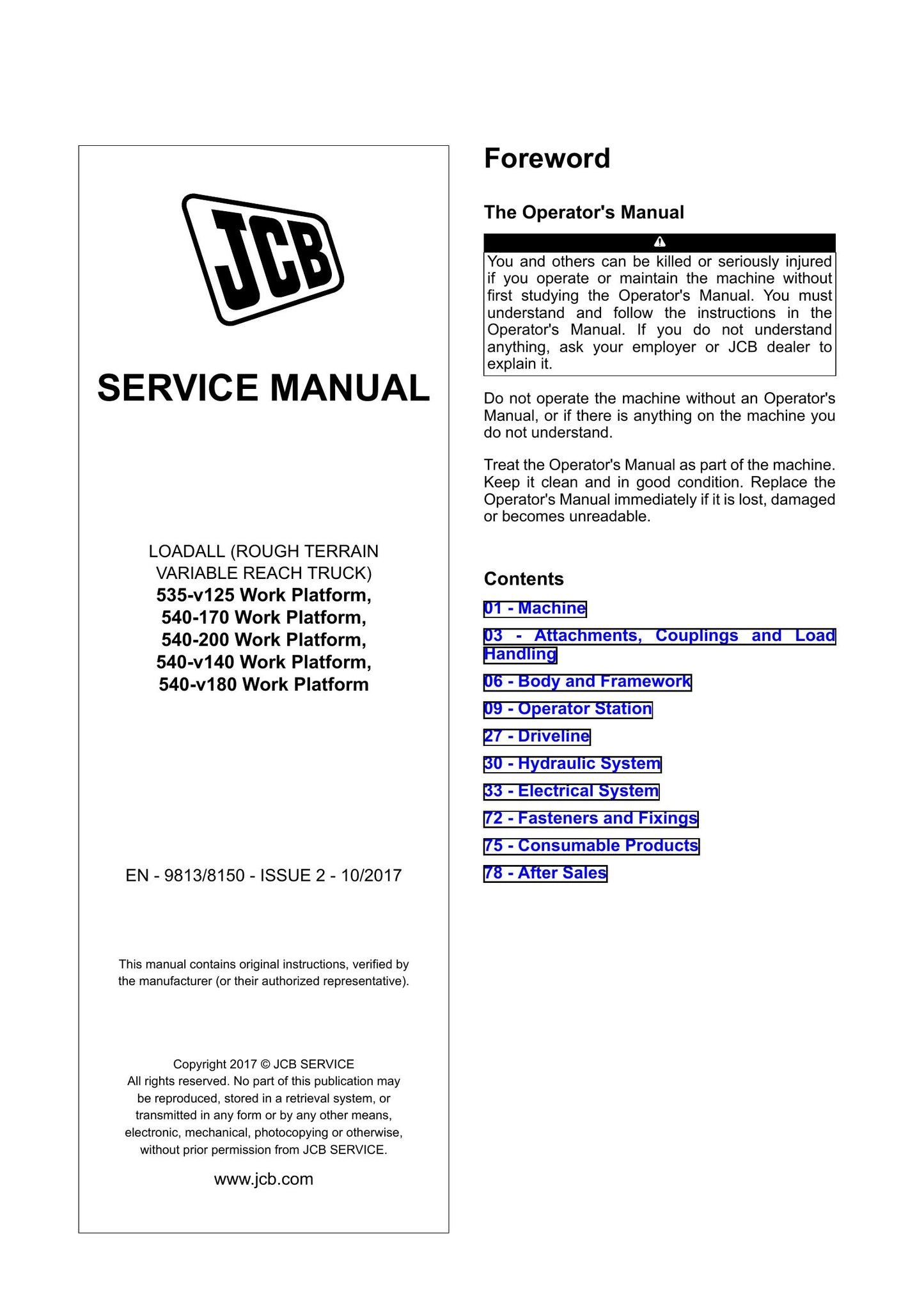 JCB 535-v125 540-170 540-200 540-v140 540-v180 Loadall Factory Workshop Service Manual 9813/8150