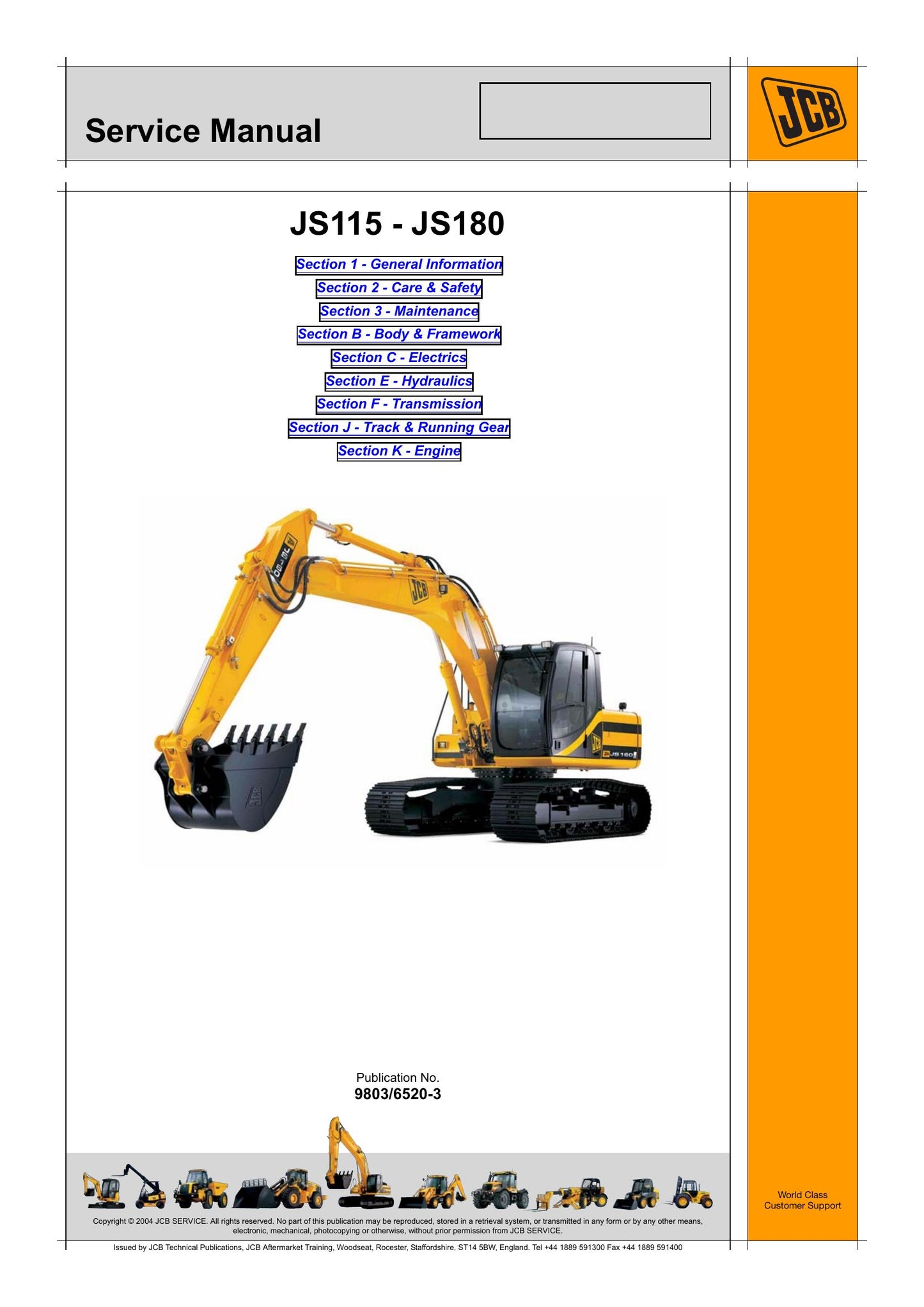 JCB JS115 JS130 JS130LC JS145 JS160 JS180 Crawler Excavator Factory Workshop Service Manual 9803/6520-3