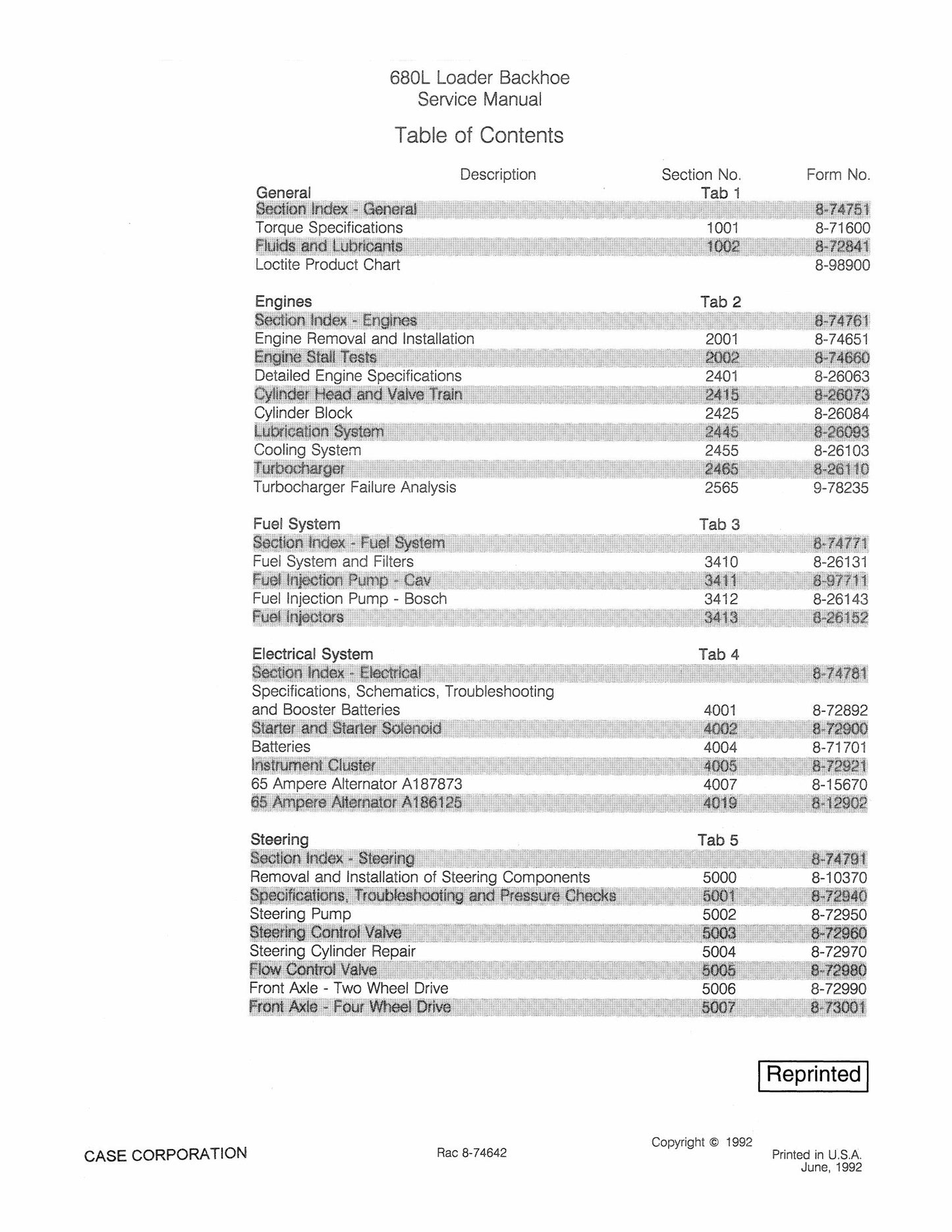 CASE 680L Backhoe Loader Factory Workshop Service Manual 8-74642