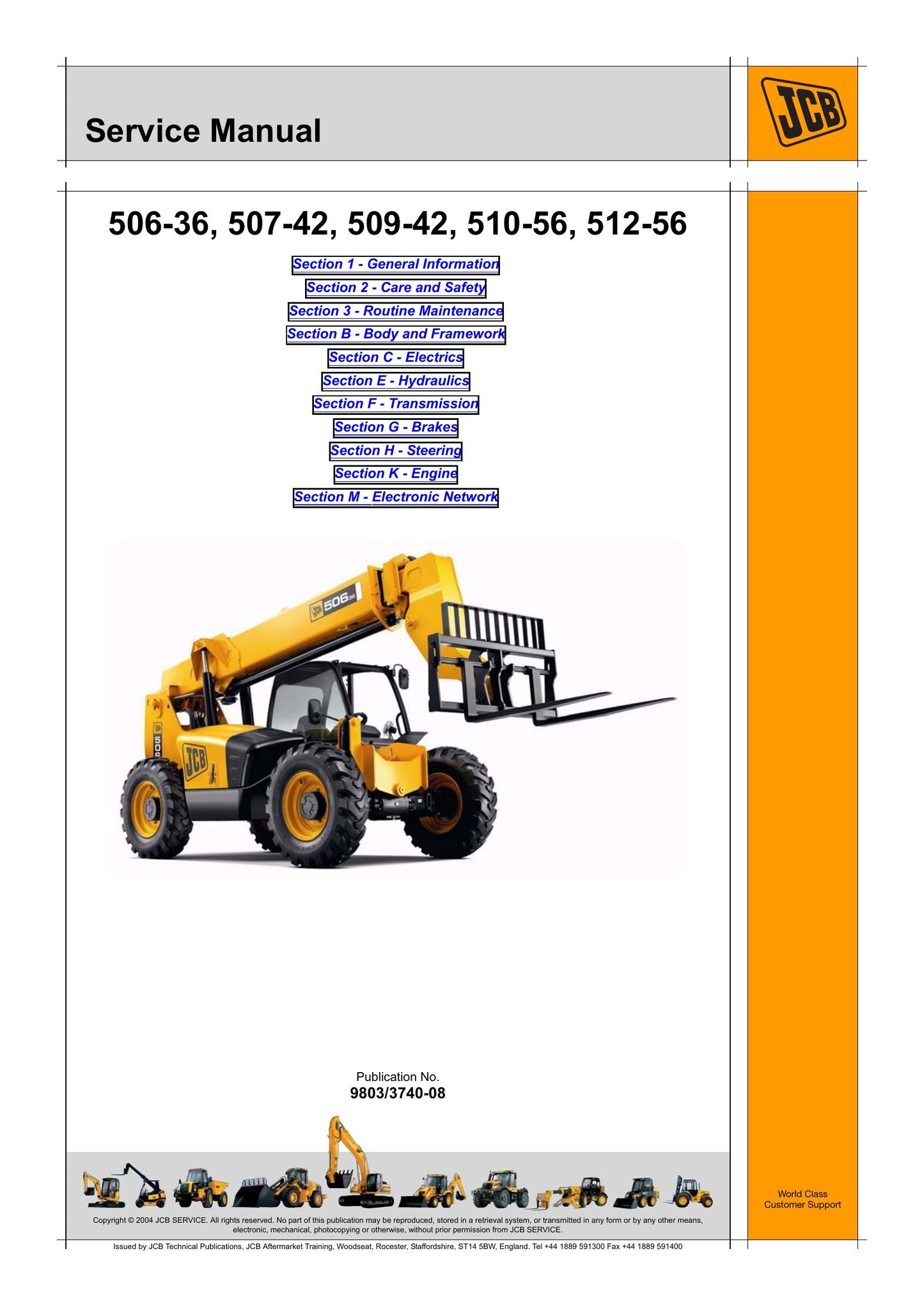 JCB 506-36 507-42 509-42 510-56 512-56 Telehandler Factory Workshop Service Manual 9803/3740