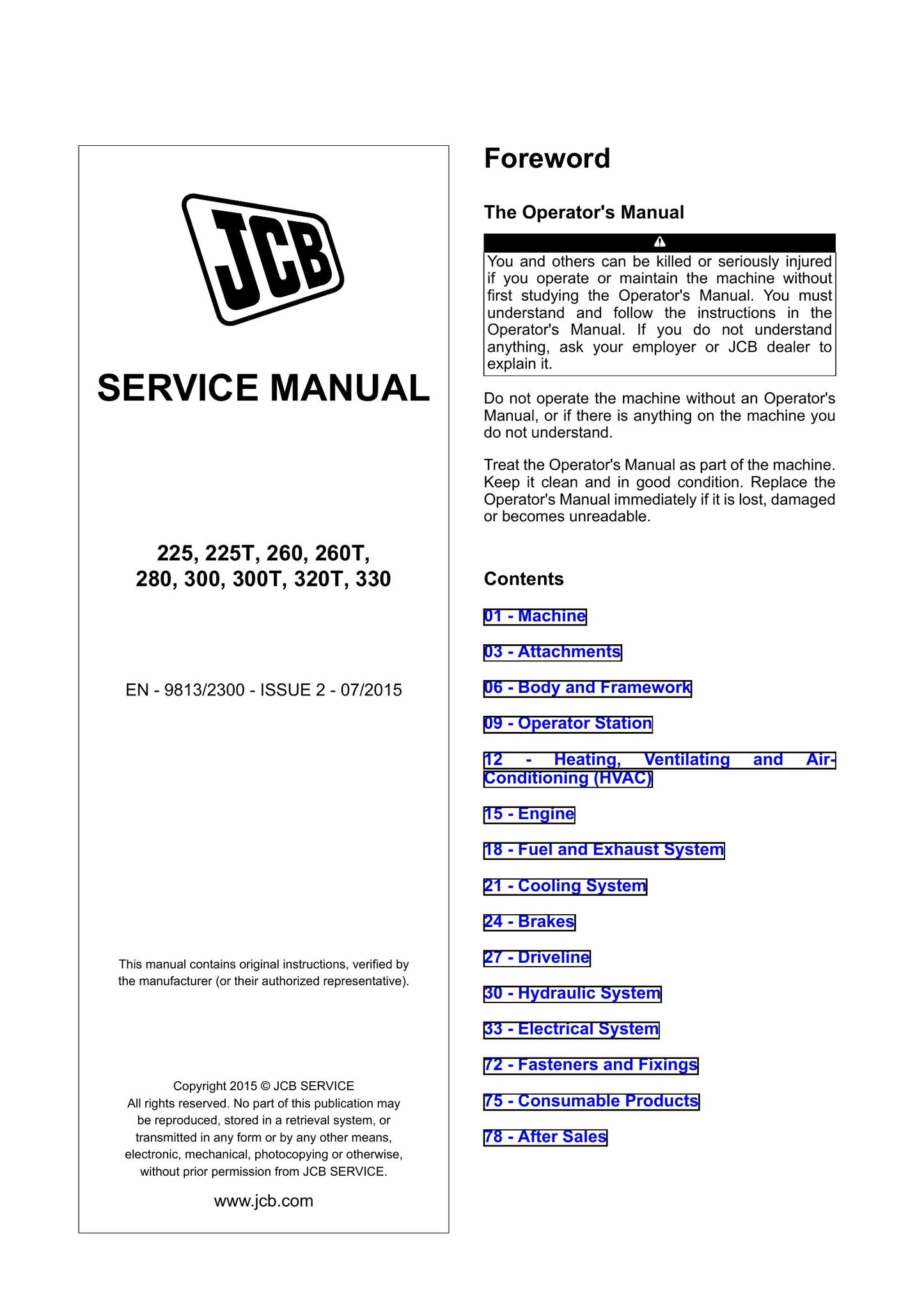 JCB 225 225T 260 260T 280 300 300T 320T 330 Wheeled Loading Shovel Factory Workshop Service Manual 9813/2300