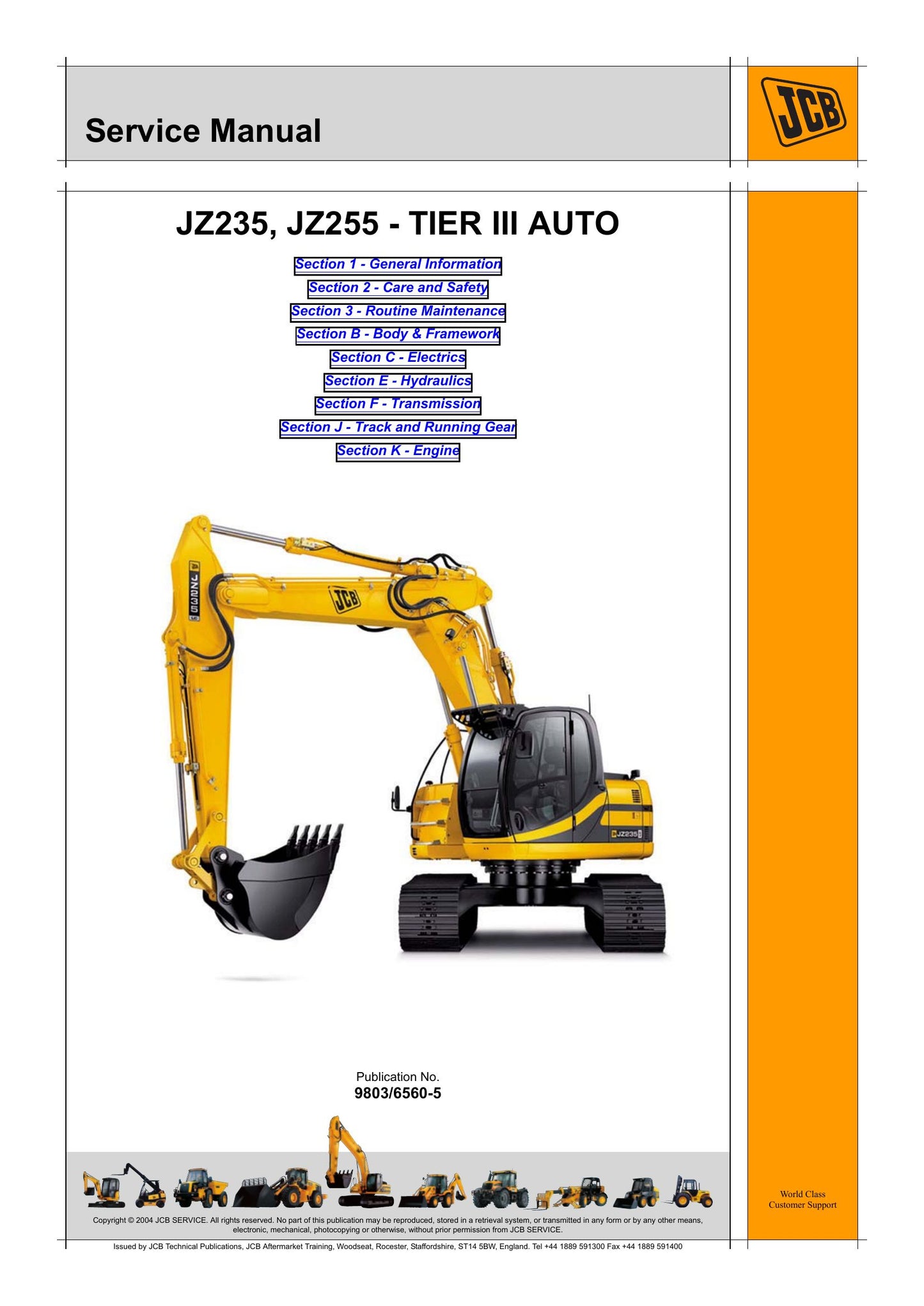JCB JZ235 JZ255 Crawler Excavator Factory Workshop Service Manual 9803/6560
