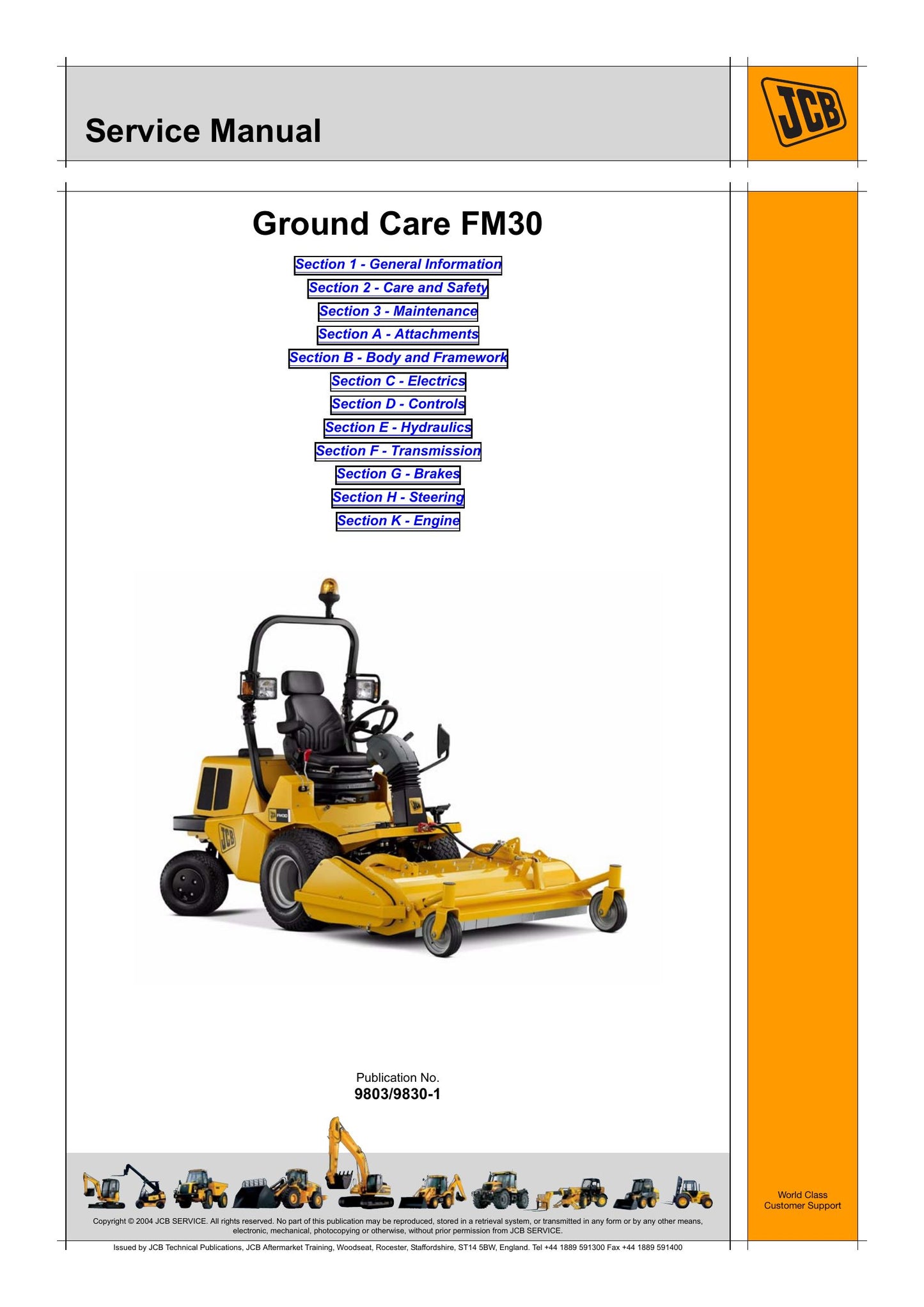 JCB FM30 Ground Care Mower Factory Workshop Service Manual 9803/9830-1