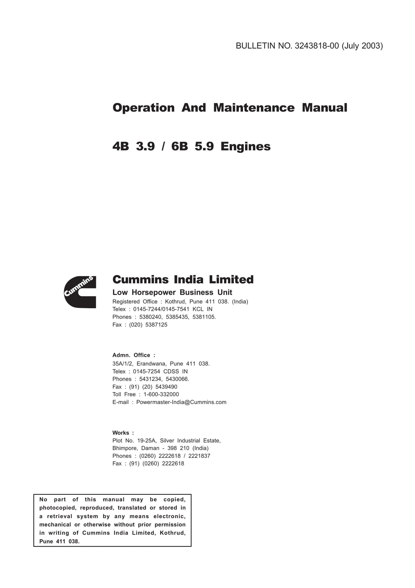 Cummins 4B 3.9 6B 5.9 Engine Operation And Factory Workshop Maintenance Manual 3243818-00