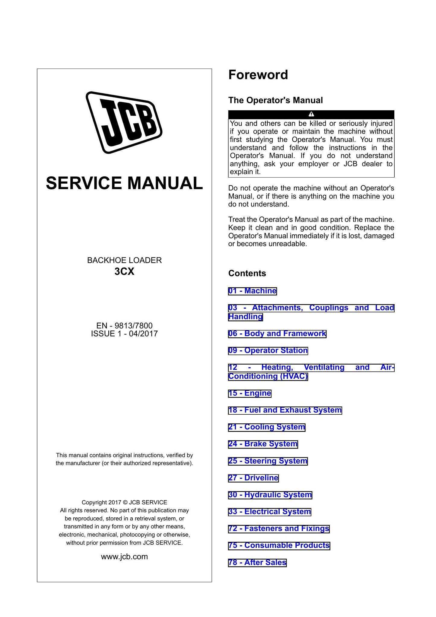 JCB 3CX Backhoe Loader Factory Workshop Service Manual 9813/7800