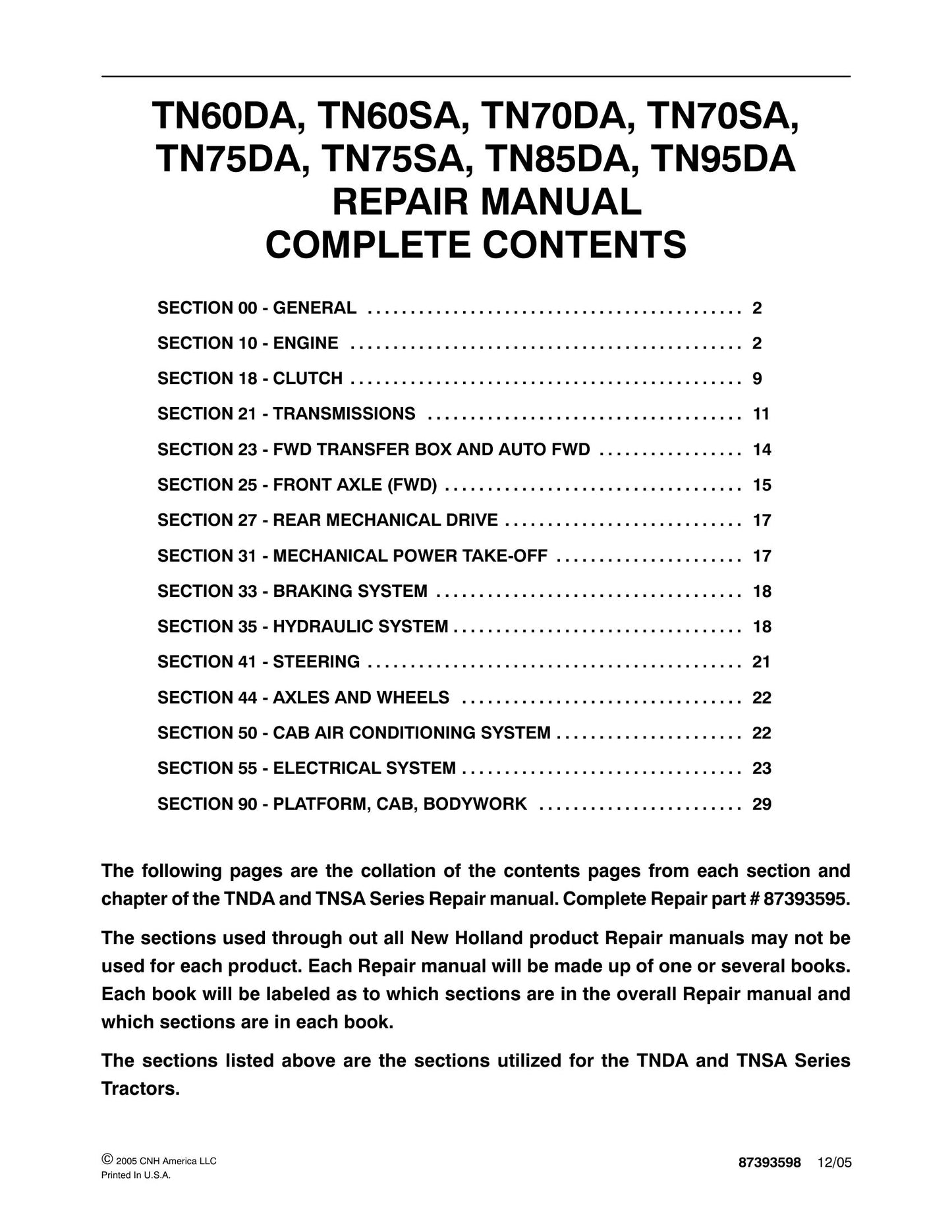 New Holland TN60DA TN60SA TN70DA TN70SA TN75DA TN75SA TN85DA TN95DA Tractor Factory Workshop Repair Manual 87393598