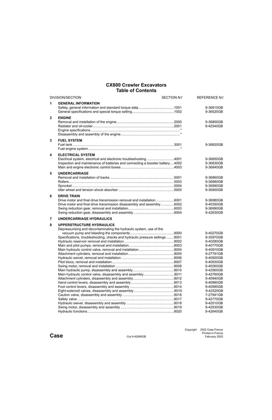 CASE CX800 Crawler Excavator Table of Contents 9-42690GB