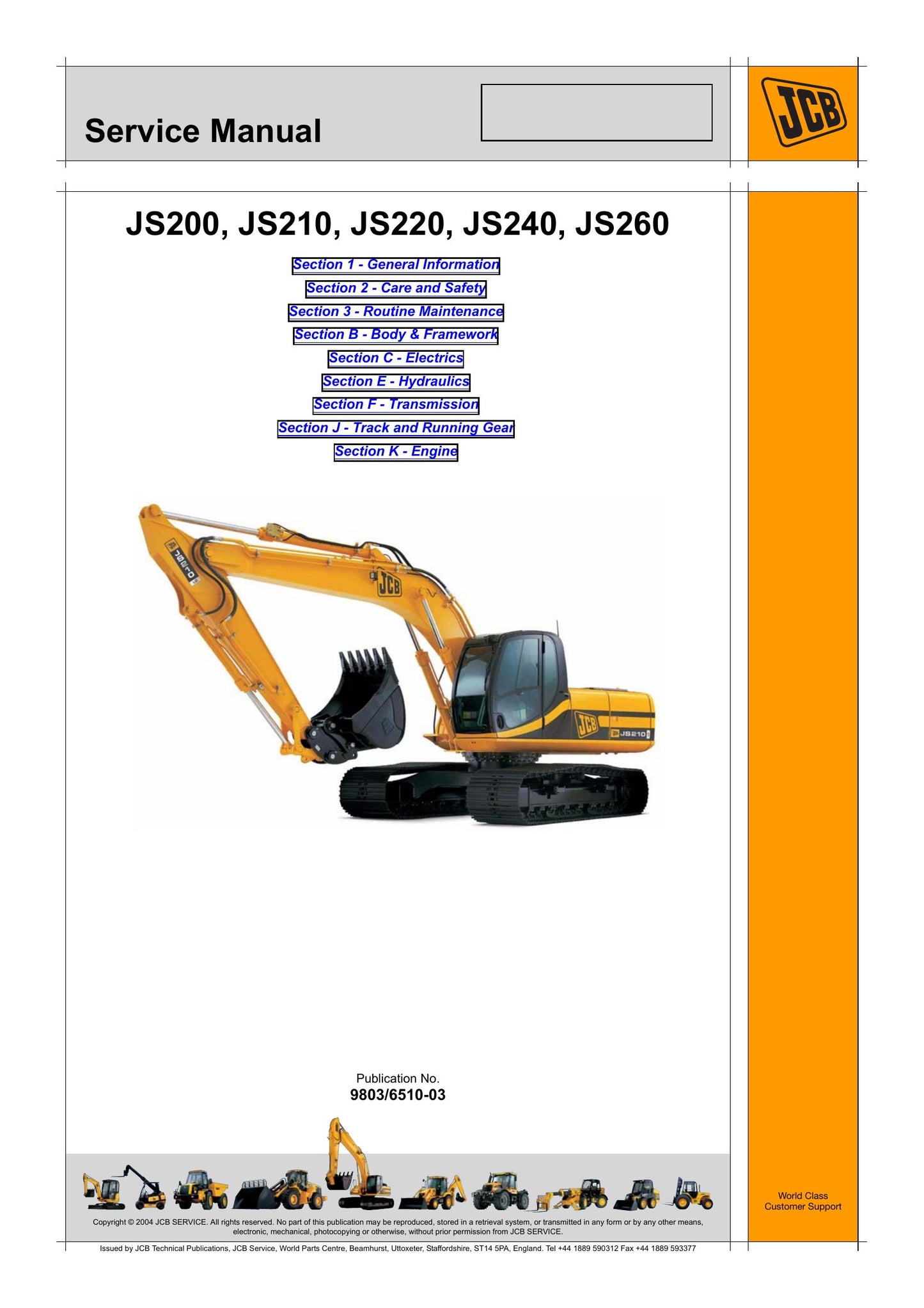 JCB JS200 JS210 JS220 JS240 JS260 Crawler Excavator Factory Workshop Service Manual 9803/6510-03