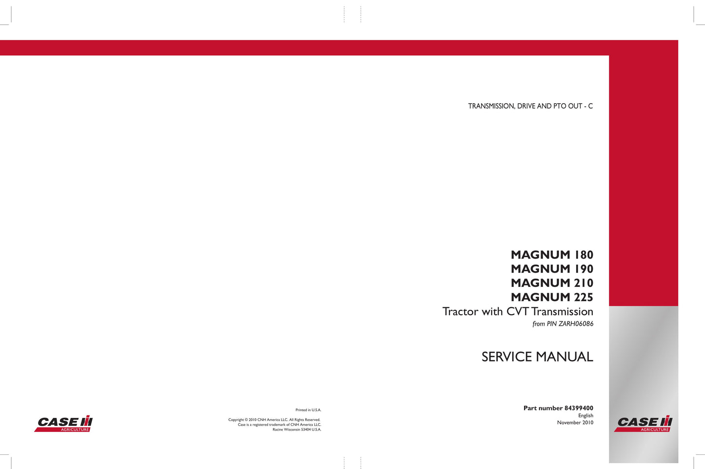CASE MAGNUM 180 MAGNUM 190 MAGNUM 210 MAGNUM 225 Tractor Factory Workshop Service Manual 84386820