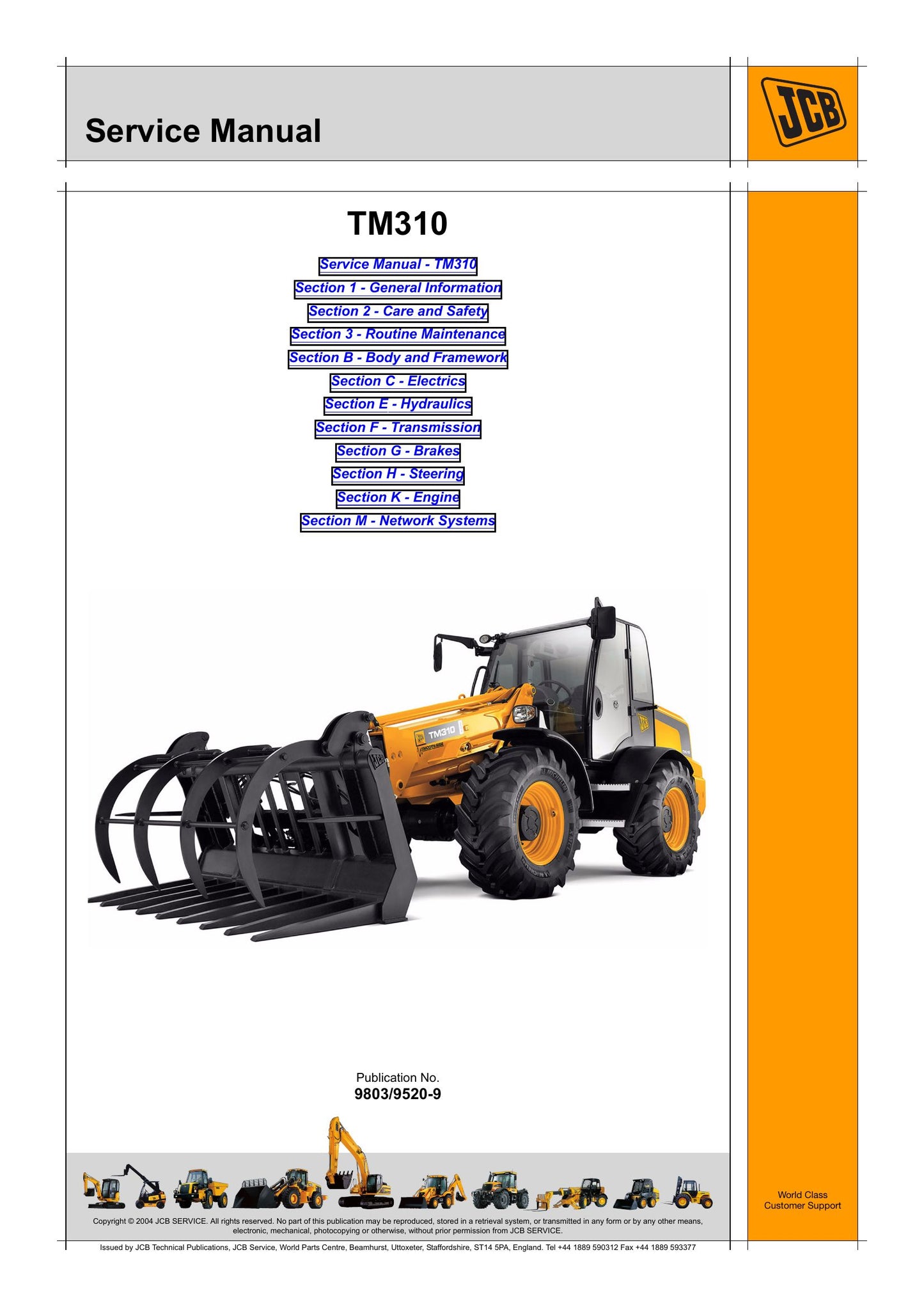 JCB TM310 TM320 Telehandler Factory Workshop Service Manual 9803/9520