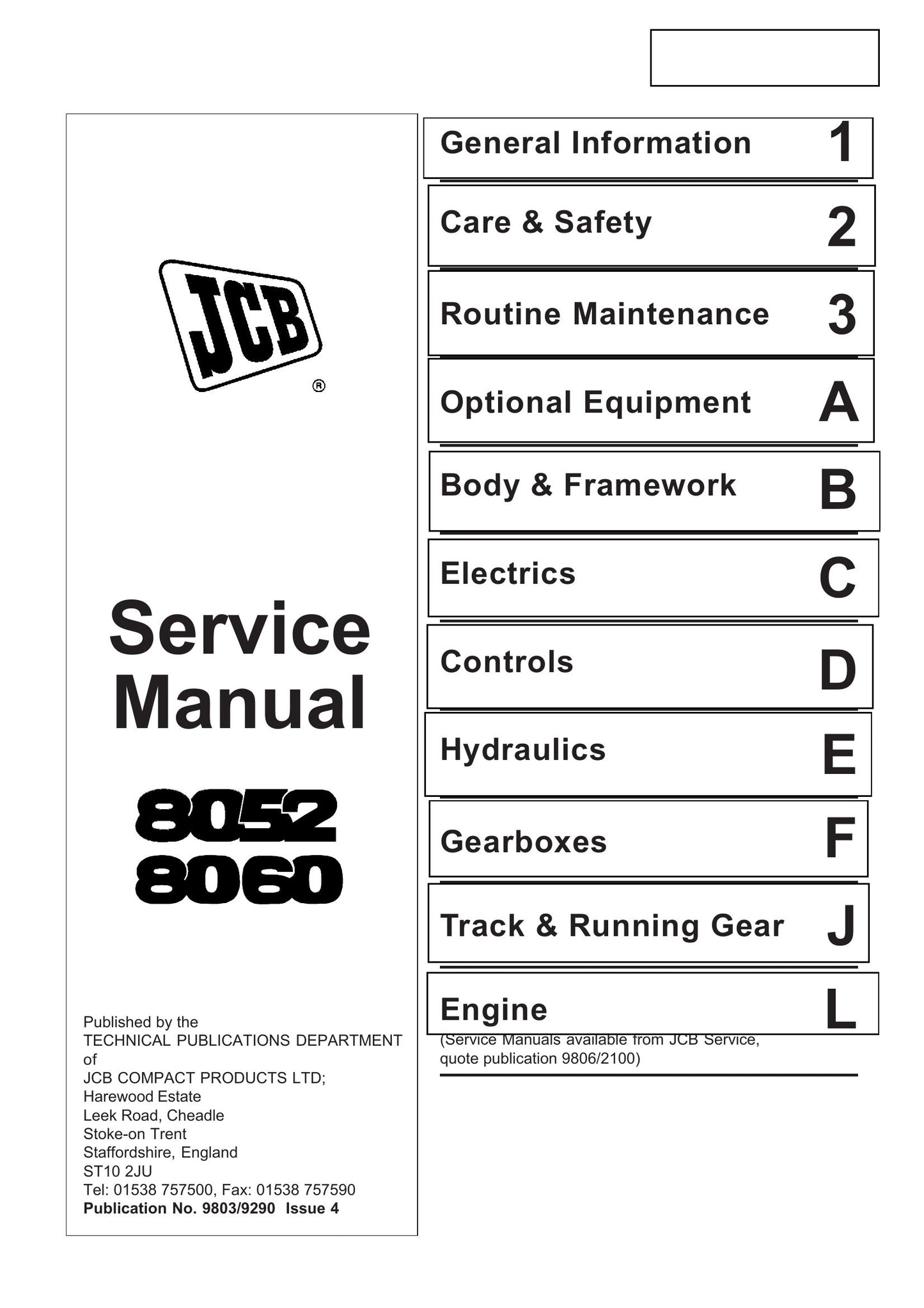 JCB 8052 8060 Mini Excavator Factory Workshop Service Manual 9803/9290