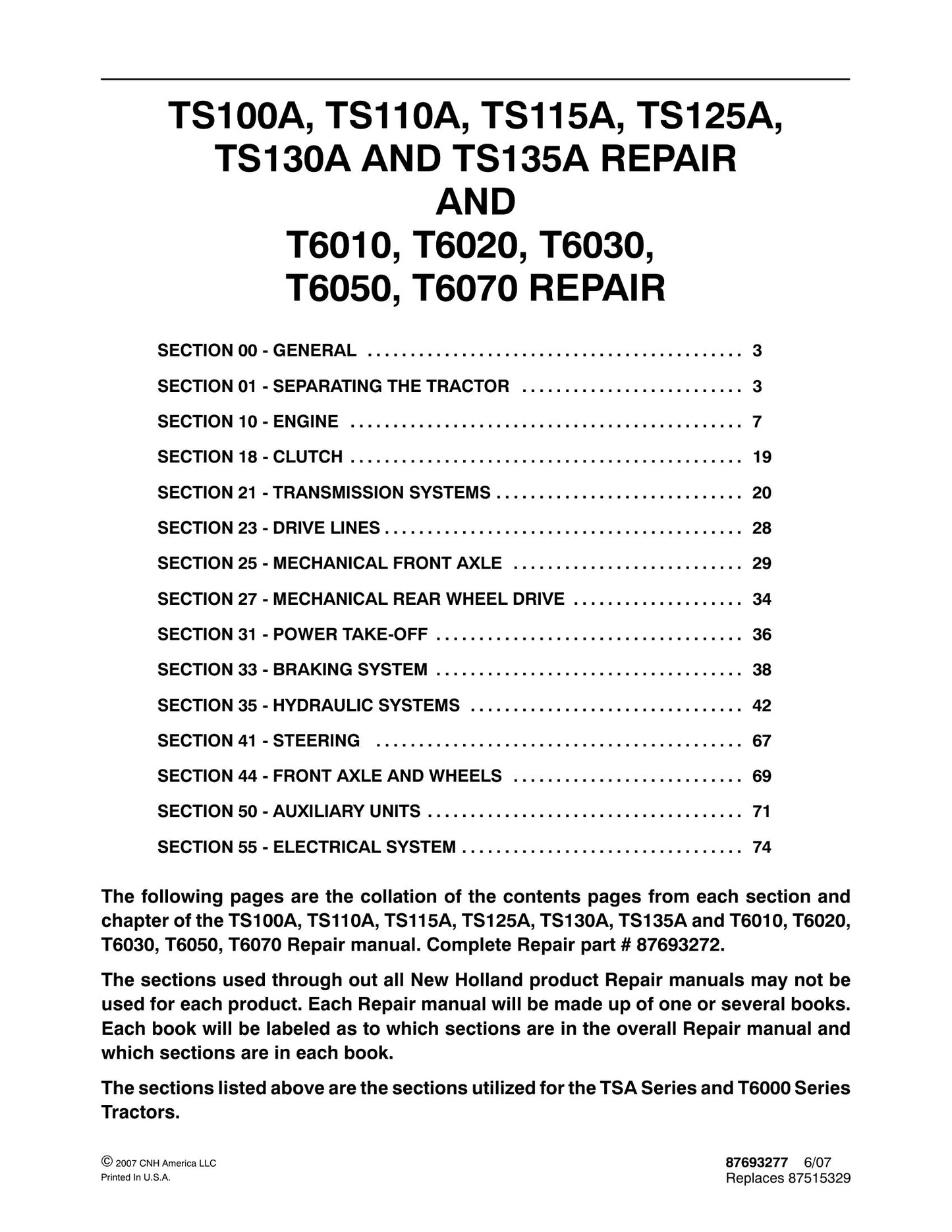 New Holland TS100A TS110A TS115A TS125A TS130A TS135A T6010 T6020 T6030 T6050 T6070 Tractor Factory Workshop Repair Manual 87693272