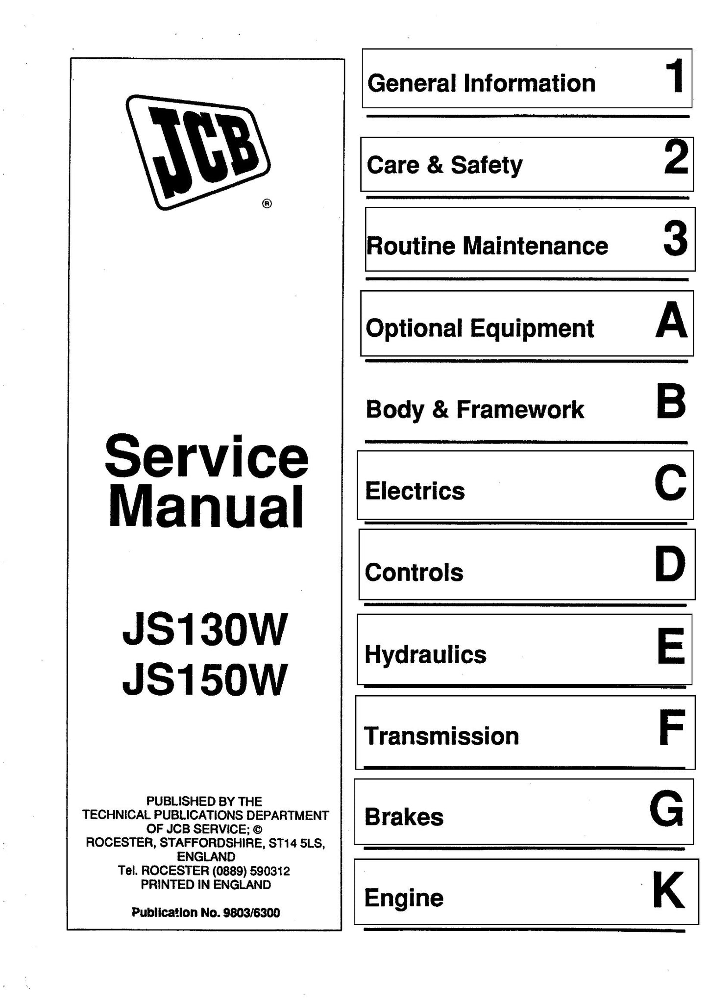 JCB JS130W JS150W Wheeled Excavator Factory Workshop Service Manual 9803/6300
