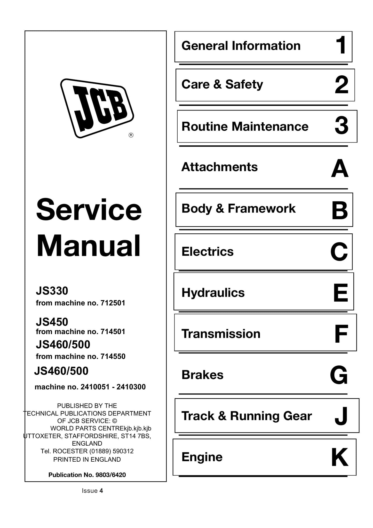 JCB JS330 JS450 JS460/500 Crawler Excavator Factory Workshop Service Manual 9803/6420