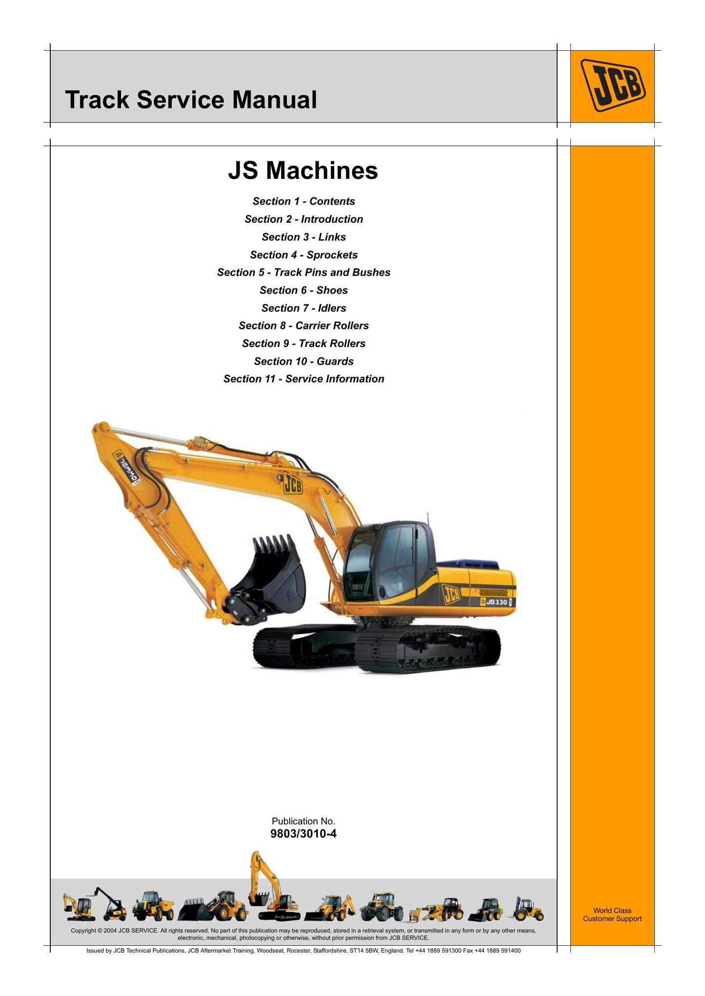 JCB JS130 JS160 JS200 JS260 Crawler Excavator Track Factory Workshop Service Manual 9803/3010-4