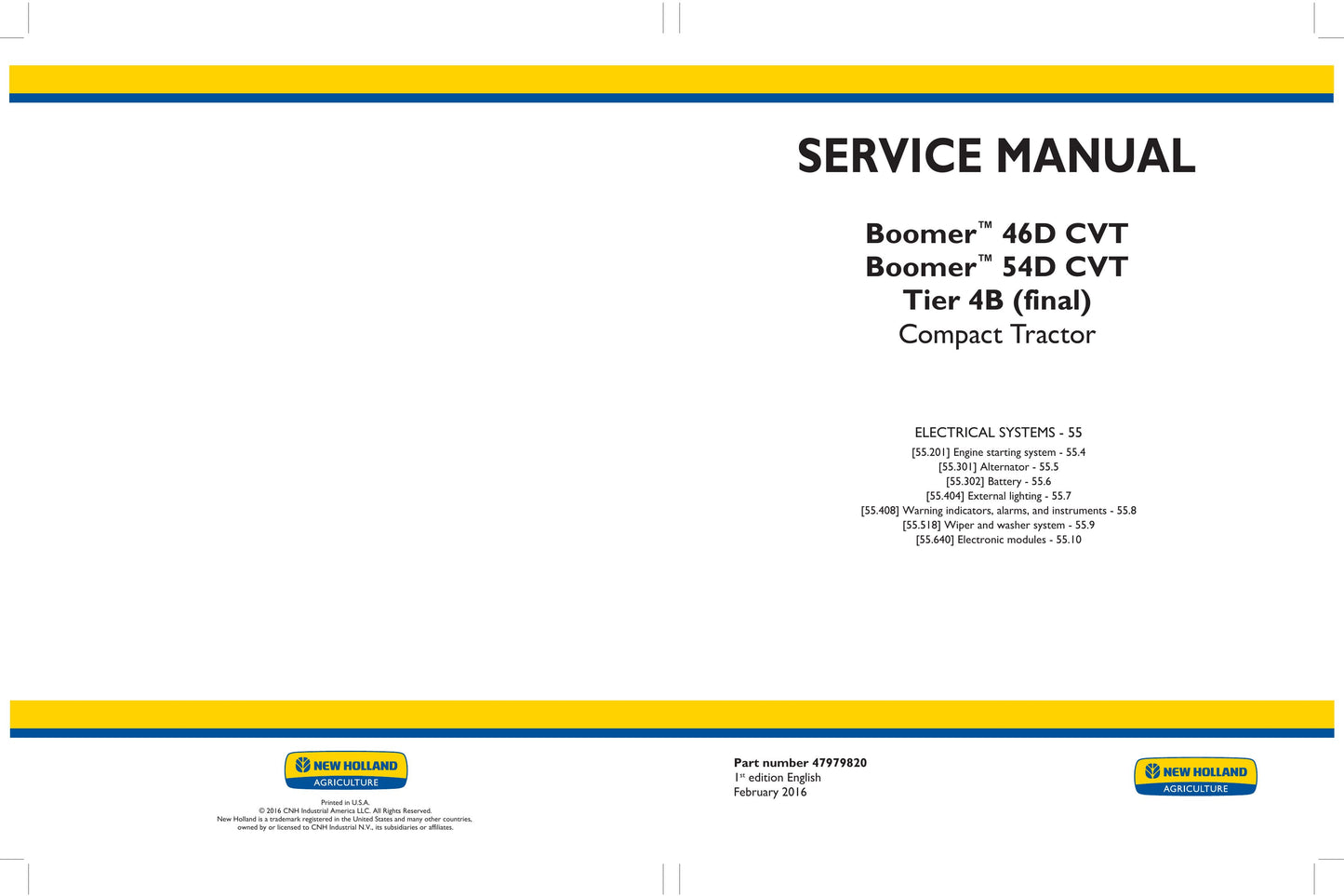 New Holland Boomer 46D CVT Boomer 54D CVT Compact Tractor Factory Workshop Service Manual 47979819