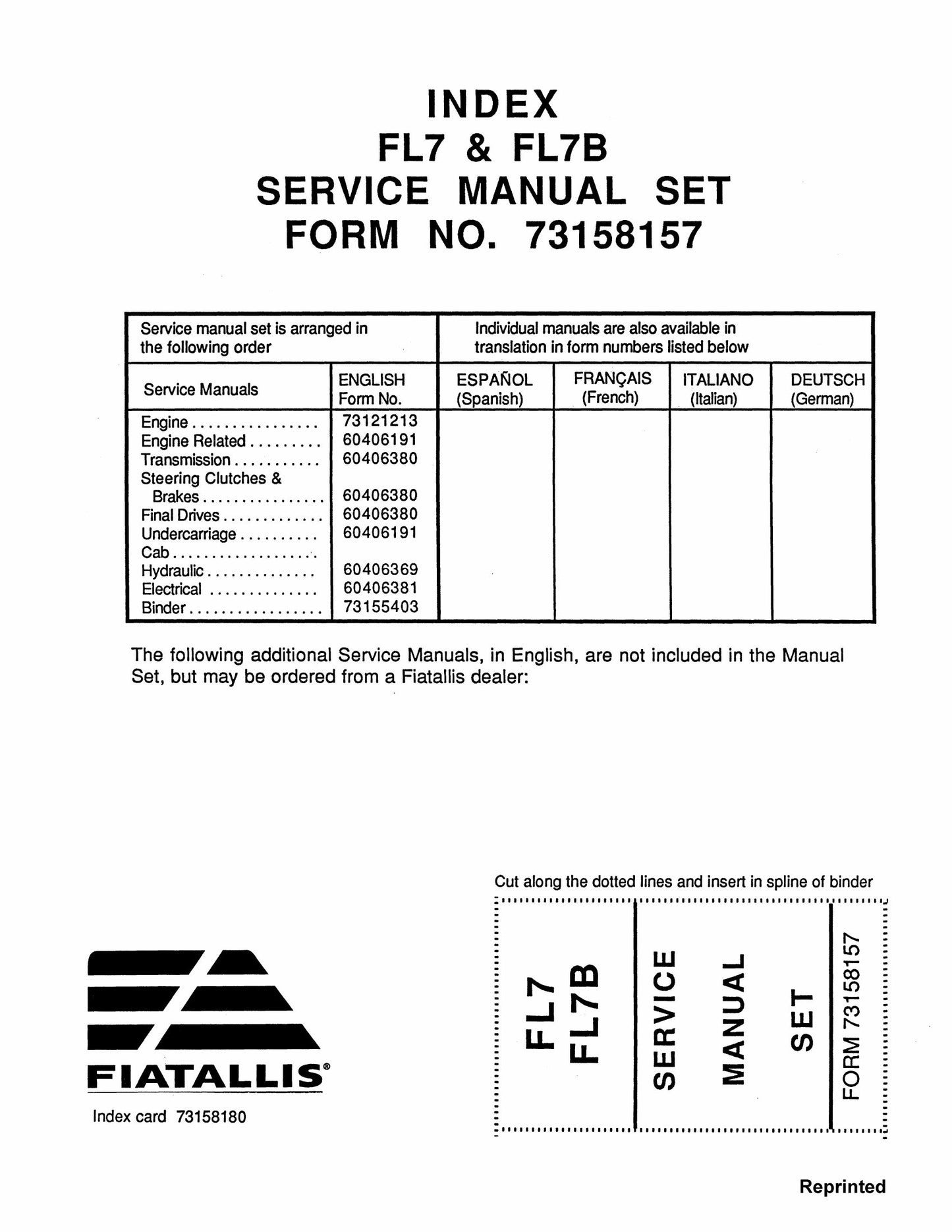 FIATALLIS FL7 FL7B Crawler Tractor Factory Workshop Service Manual 73158157