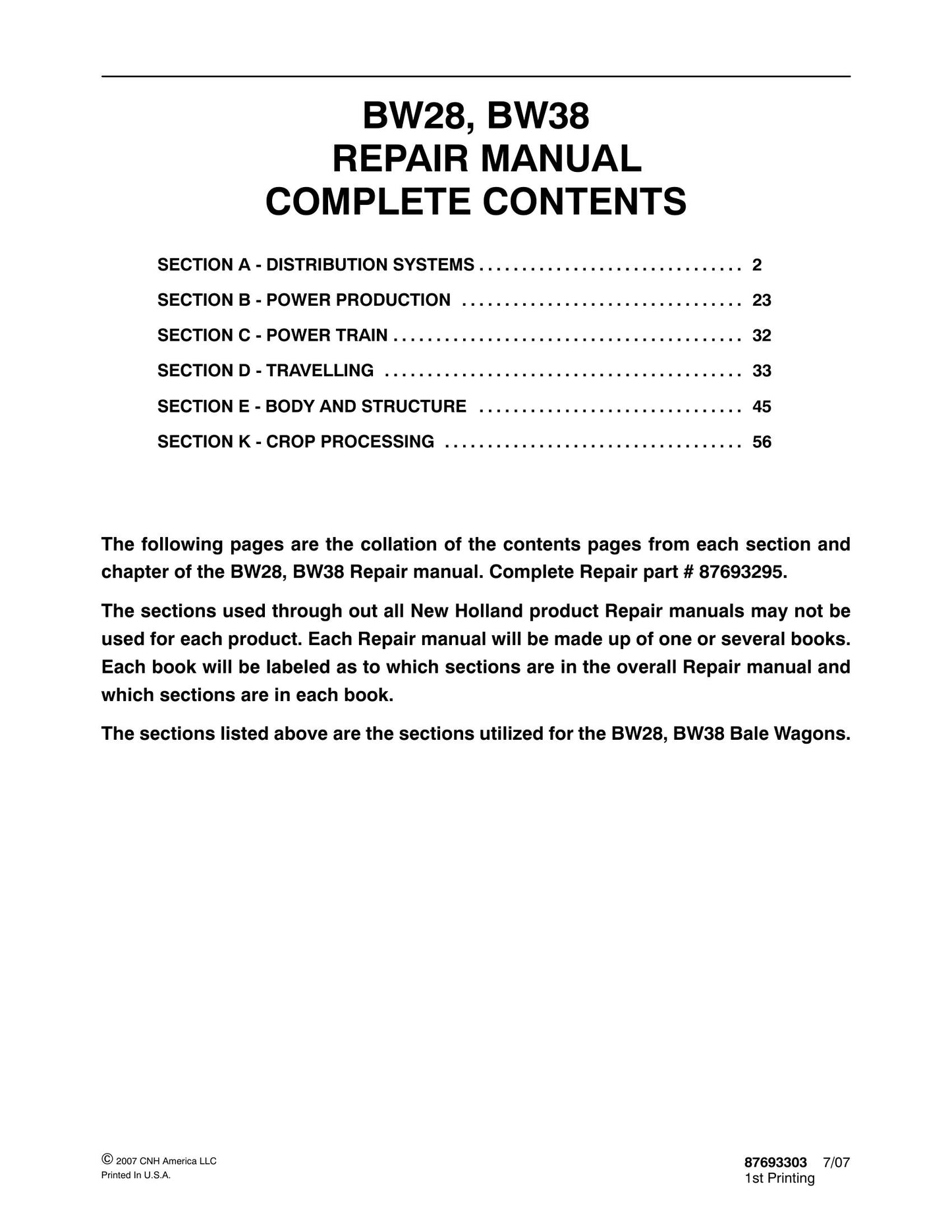 New Holland BW28 BW38 Bale Wagon Factory Workshop Repair Manual 87693303