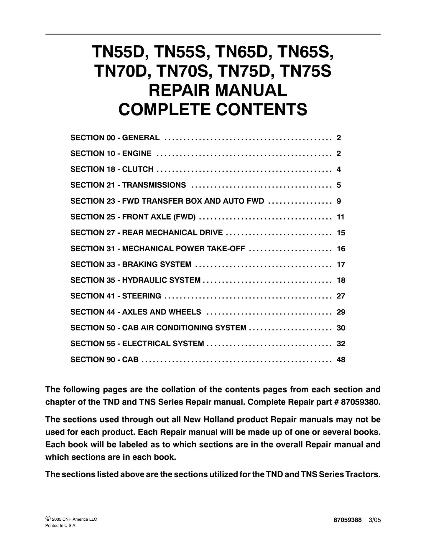 New Holland TN55D TN55S TN65D TN65S TN70D TN70S TN75D TN75S Tractor Factory Workshop Repair Manual 87059388