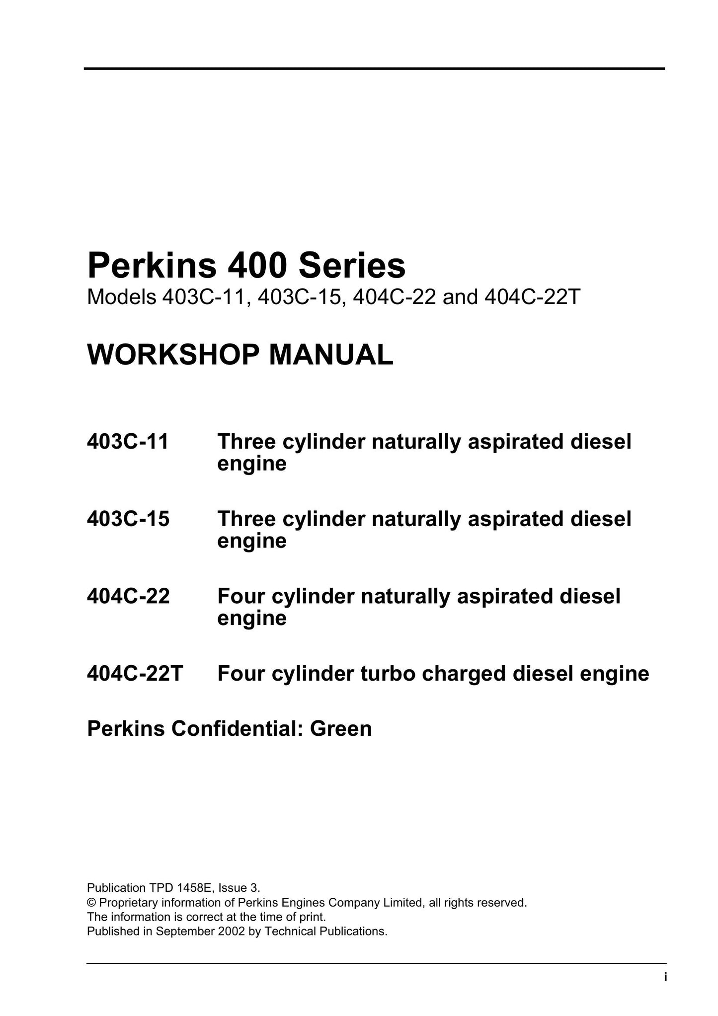 Perkins 403C-11 403C-15 404C-22 404C-22T Engine Workshop Manual TPD 1458E