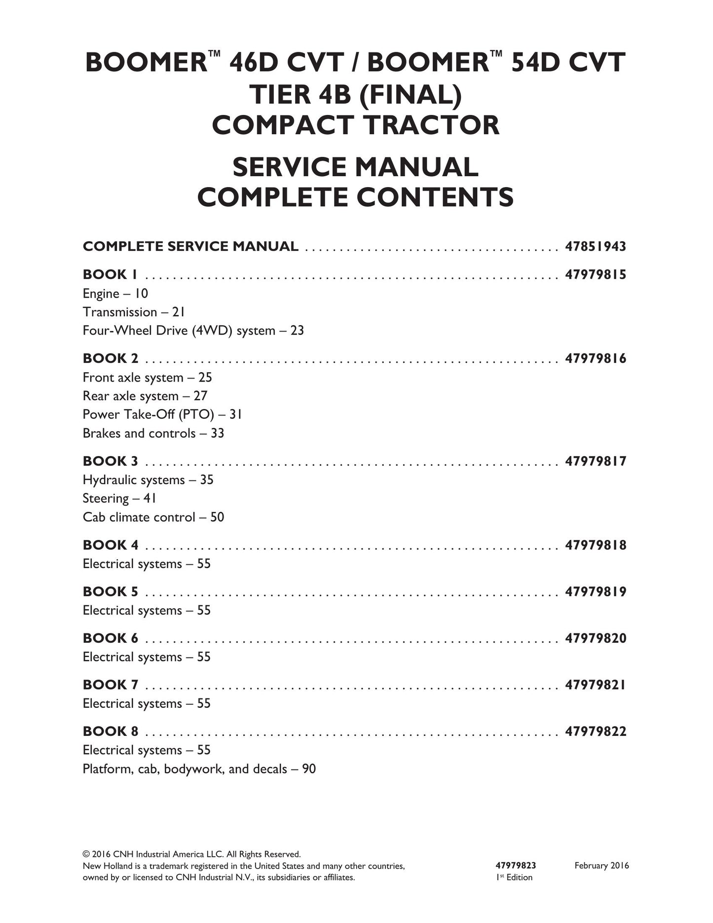New Holland Boomer 46D CVT Boomer 54D CVT Compact Tractor Factory Workshop Service Manual 47979819