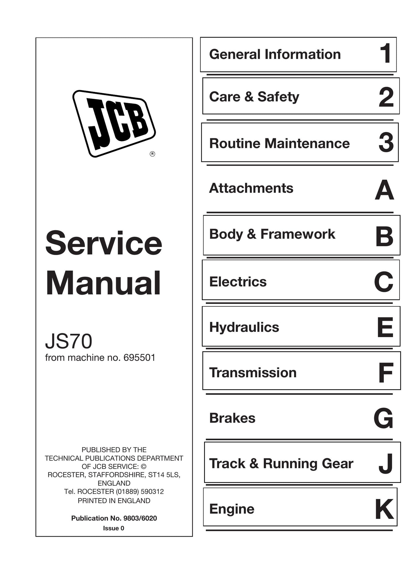 JCB JS70 Crawler Excavator Factory Workshop Service Manual 9803/6020