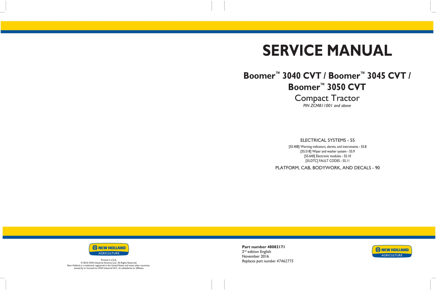 New Holland Boomer 3040 CVT Boomer 3045 CVT Boomer 3050 CVT Compact Tractor Factory Workshop Service Manual 48082166