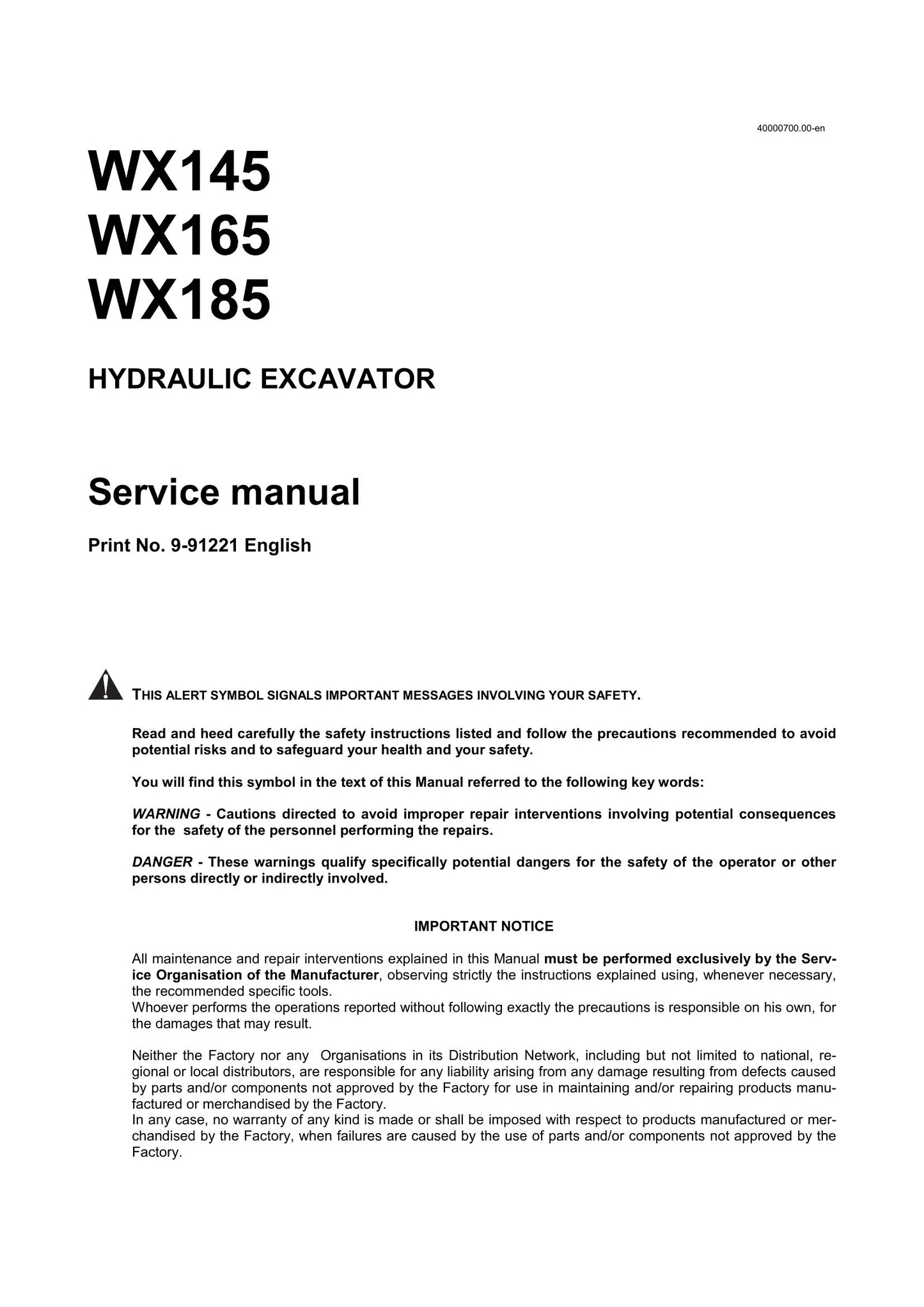 UNKNOWN WX145 WX165 WX185 Hydraulic Excavator Factory Workshop Service Manual