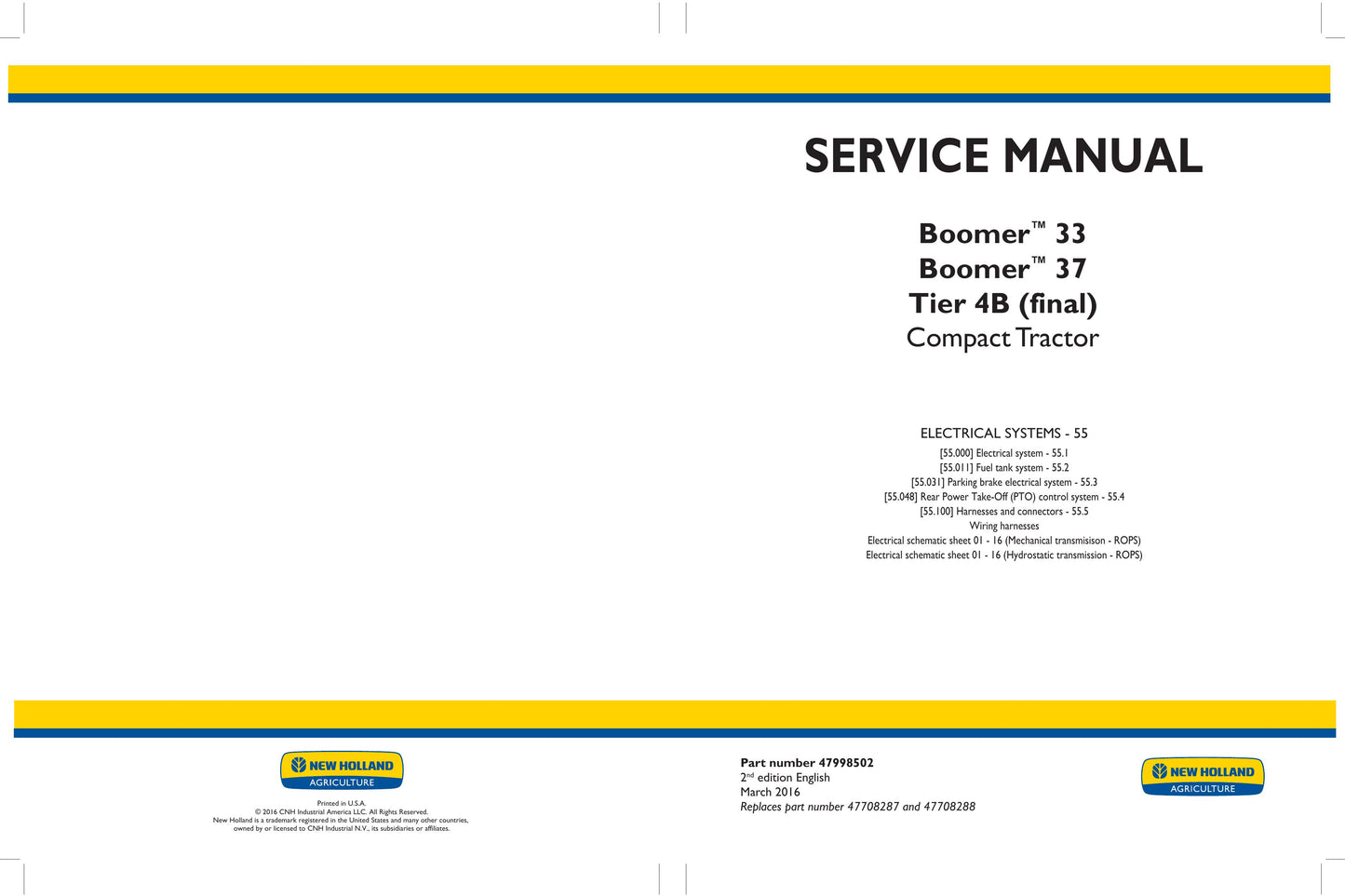 New Holland Boomer 33 Boomer 37 Compact Tractor Factory Workshop Service Manual 47998502
