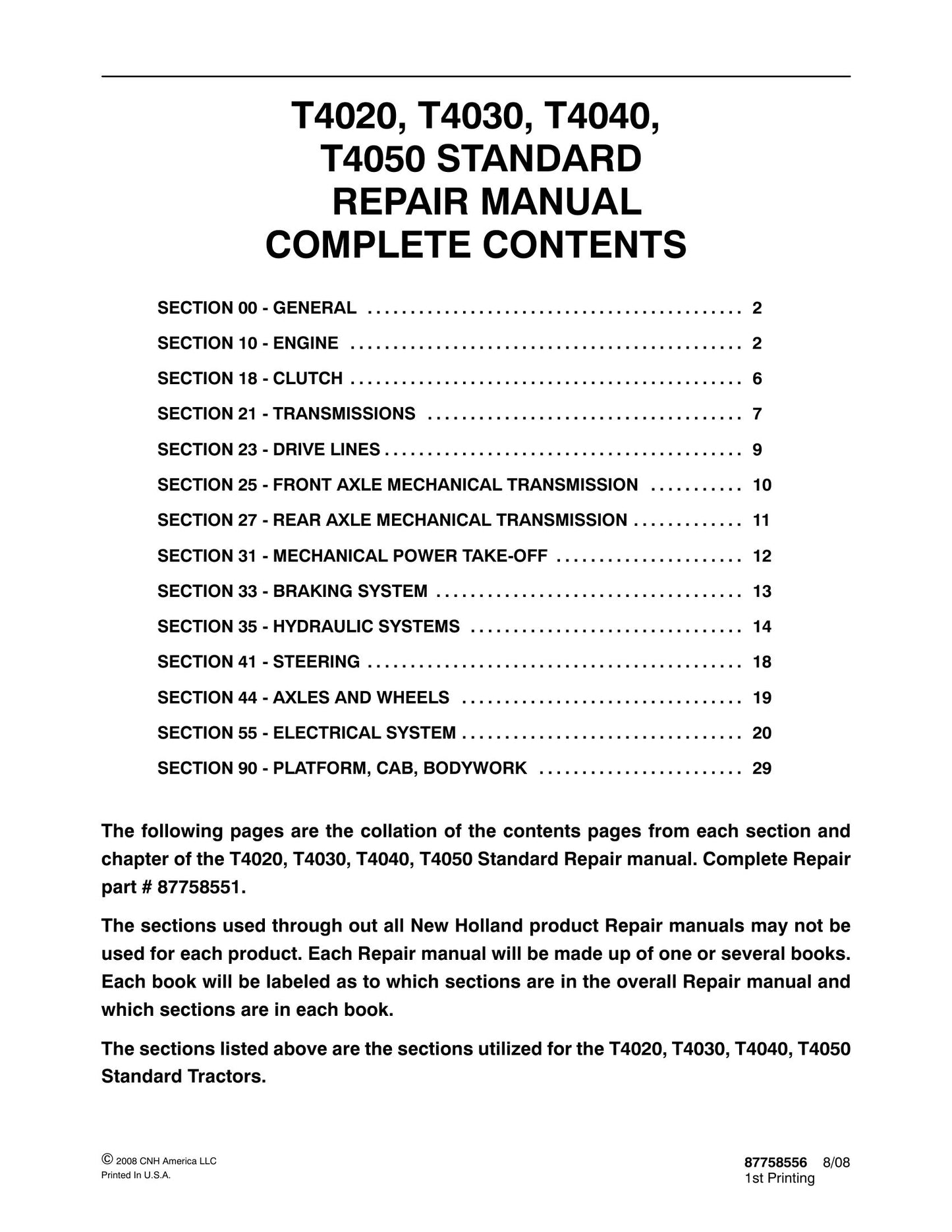 NEW HOLLAND T4020 T4030 T4040 T4050 Tractor Factory Workshop Repair Manual 87758544
