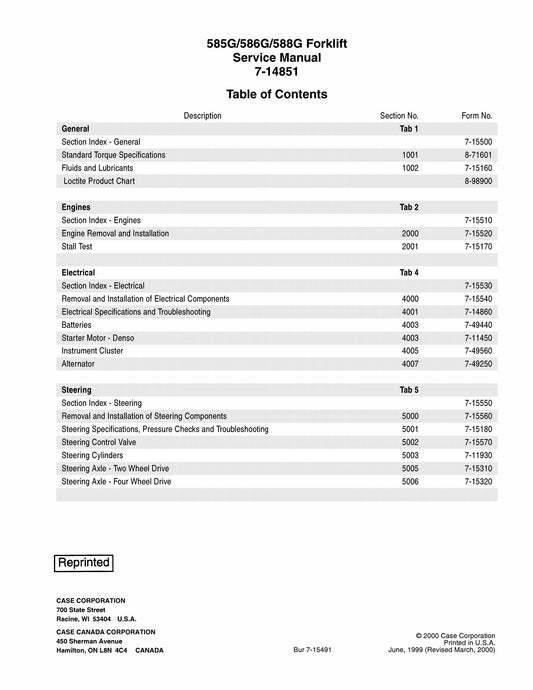 CASE 585G 586G 588G Forklift Factory Workshop Service Manual 7-14851