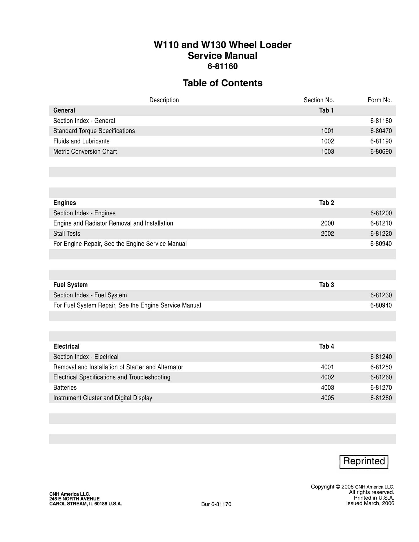 CASE W110 W130 Wheel Loader Factory Workshop Service Manual 6-81160
