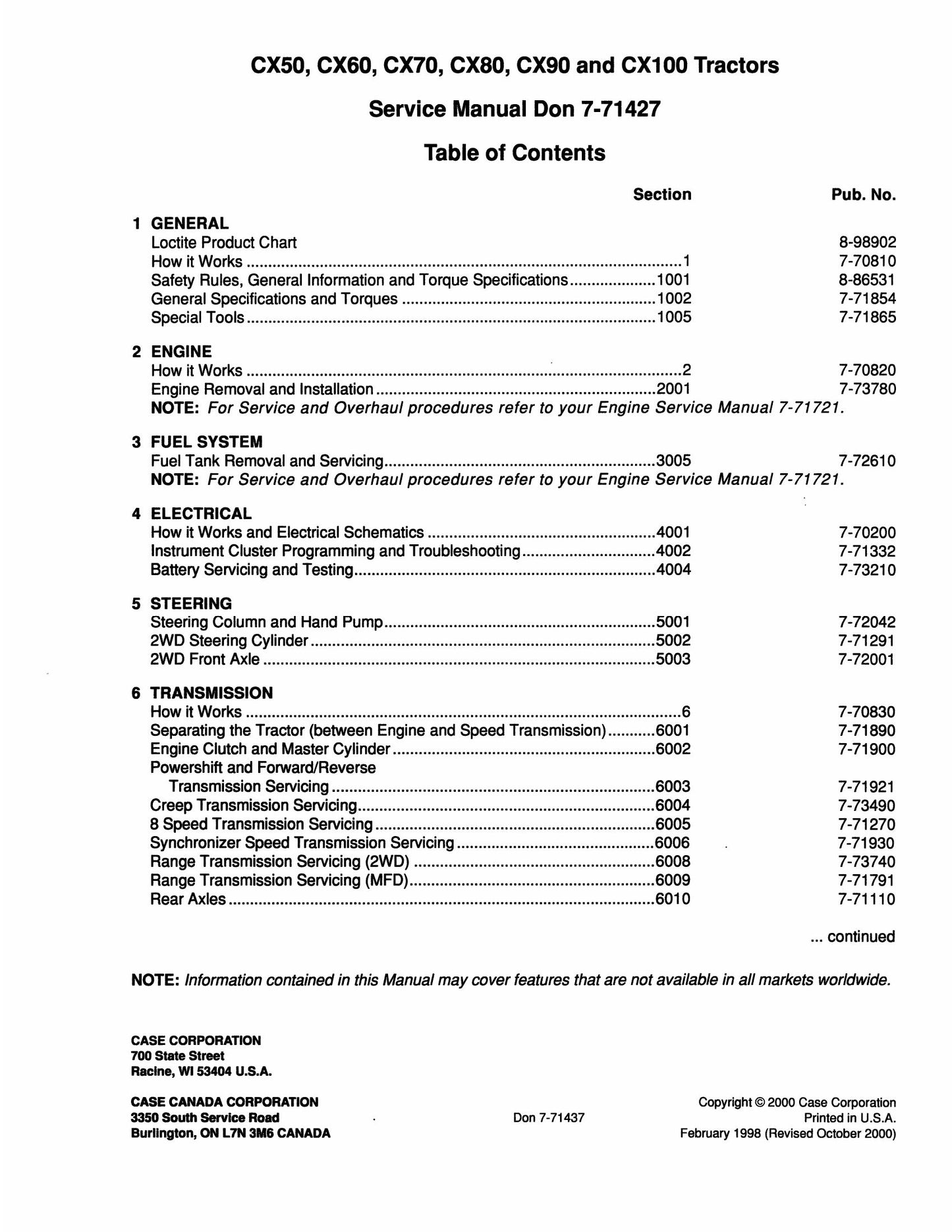CASE CX50 CX60 CX70 CX80 CX90 CX100 Tractor Factory Workshop Service Manual Don 7-71427