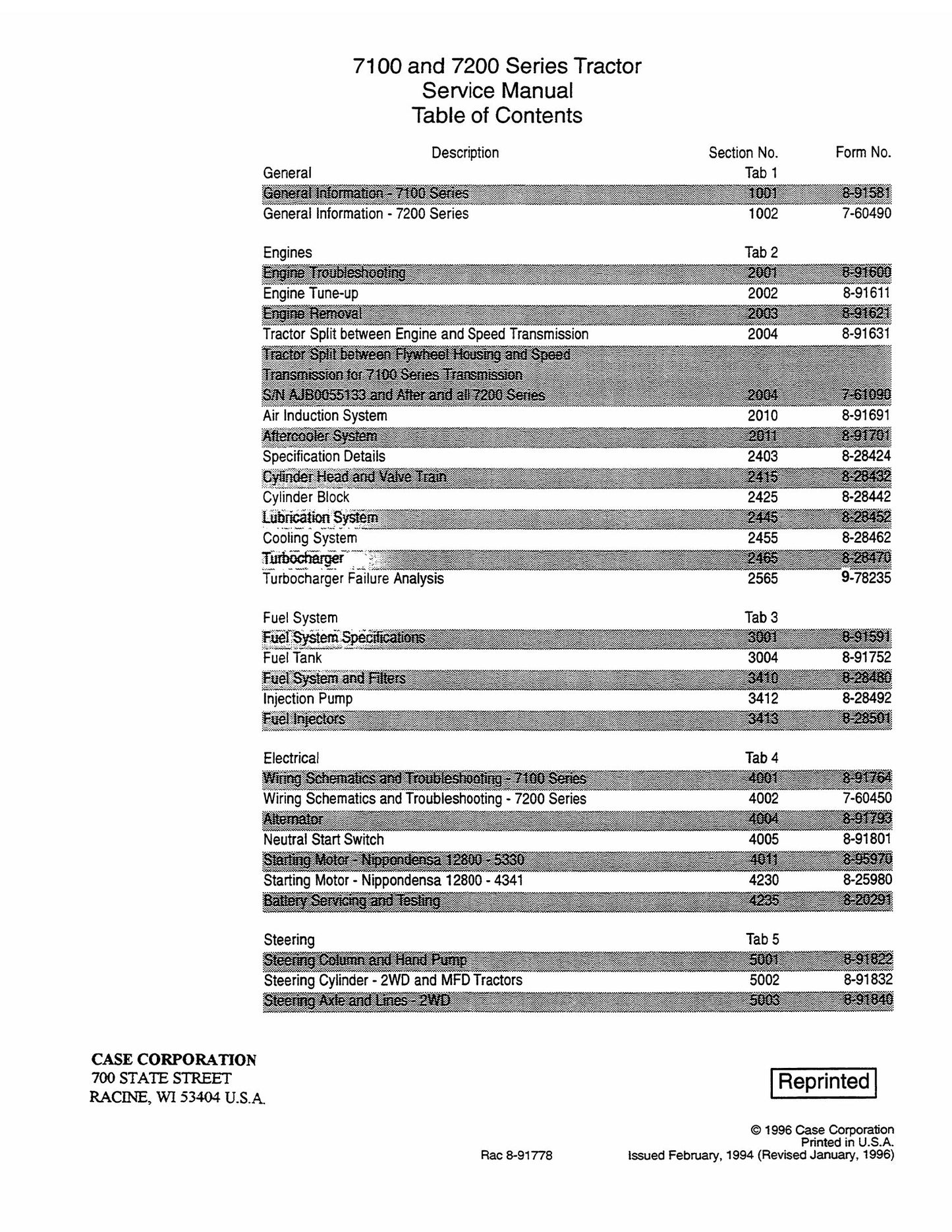 CASE 7100 7200 Tractor Factory Workshop Service Manual Rac 8-91778