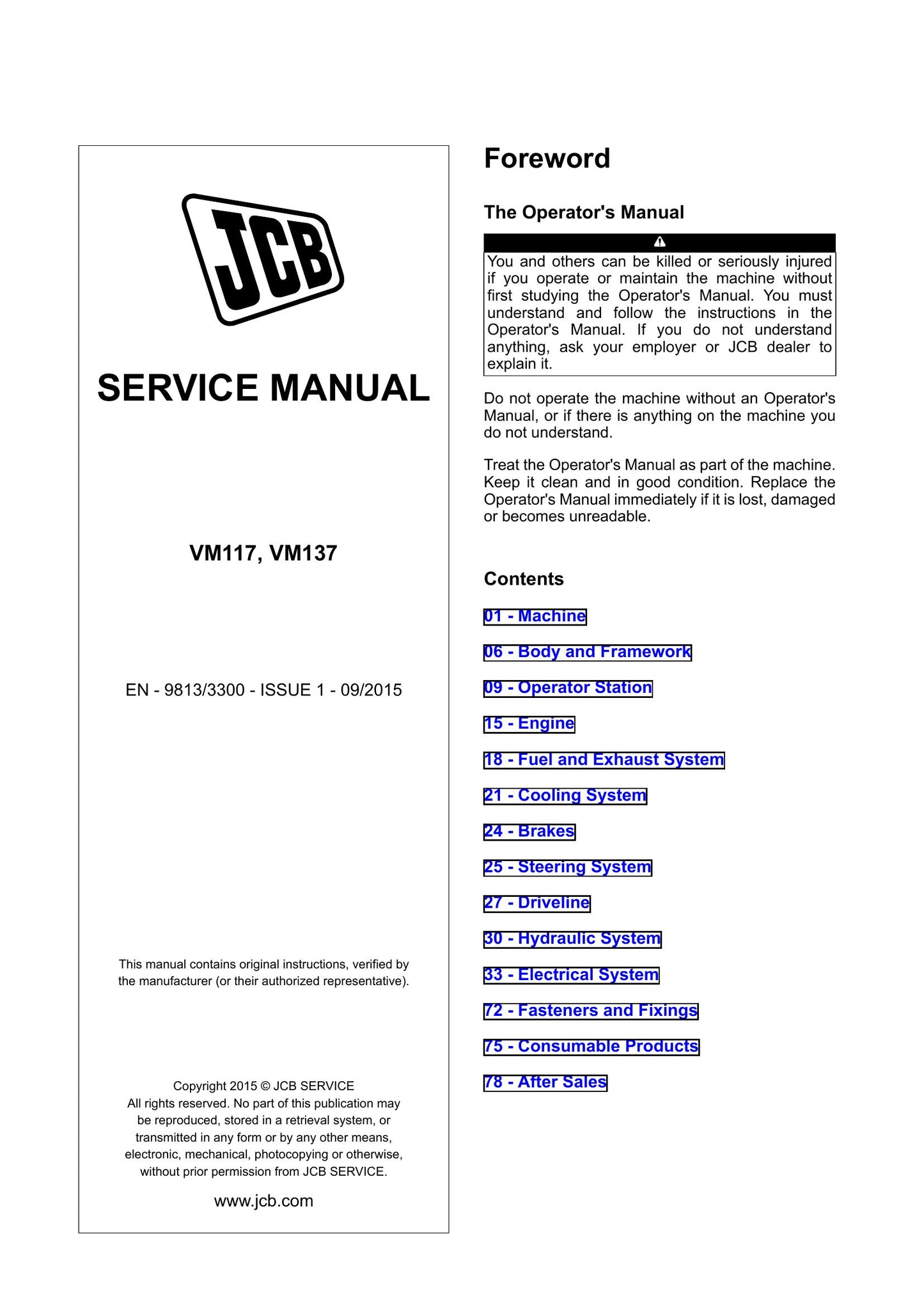 JCB VM117 VM137 Soil Compactor Factory Workshop Service Manual 9813/3300