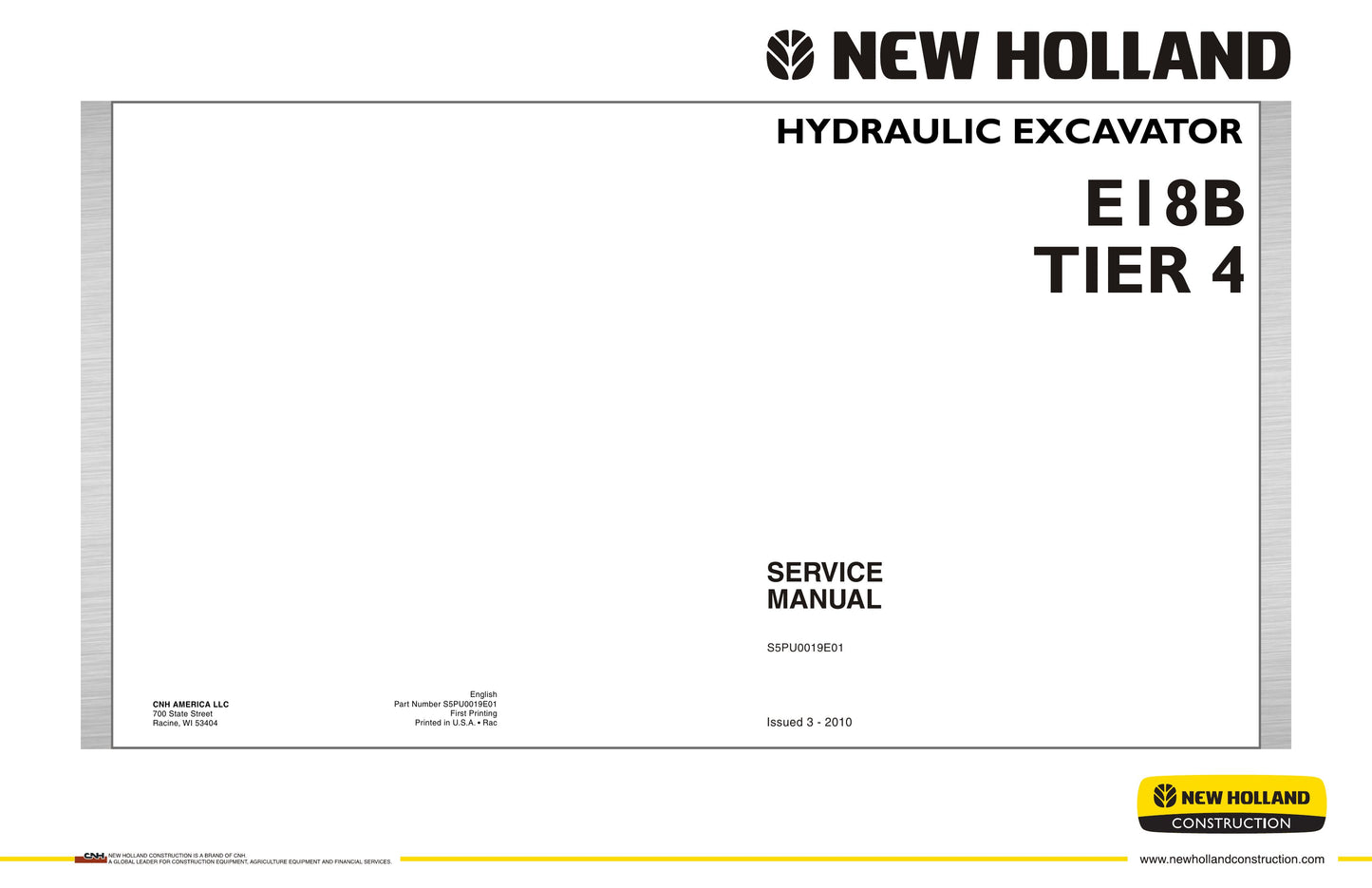 NEW HOLLAND E18B Hydraulic Excavator Factory Workshop Service Manual S5PU0019E01