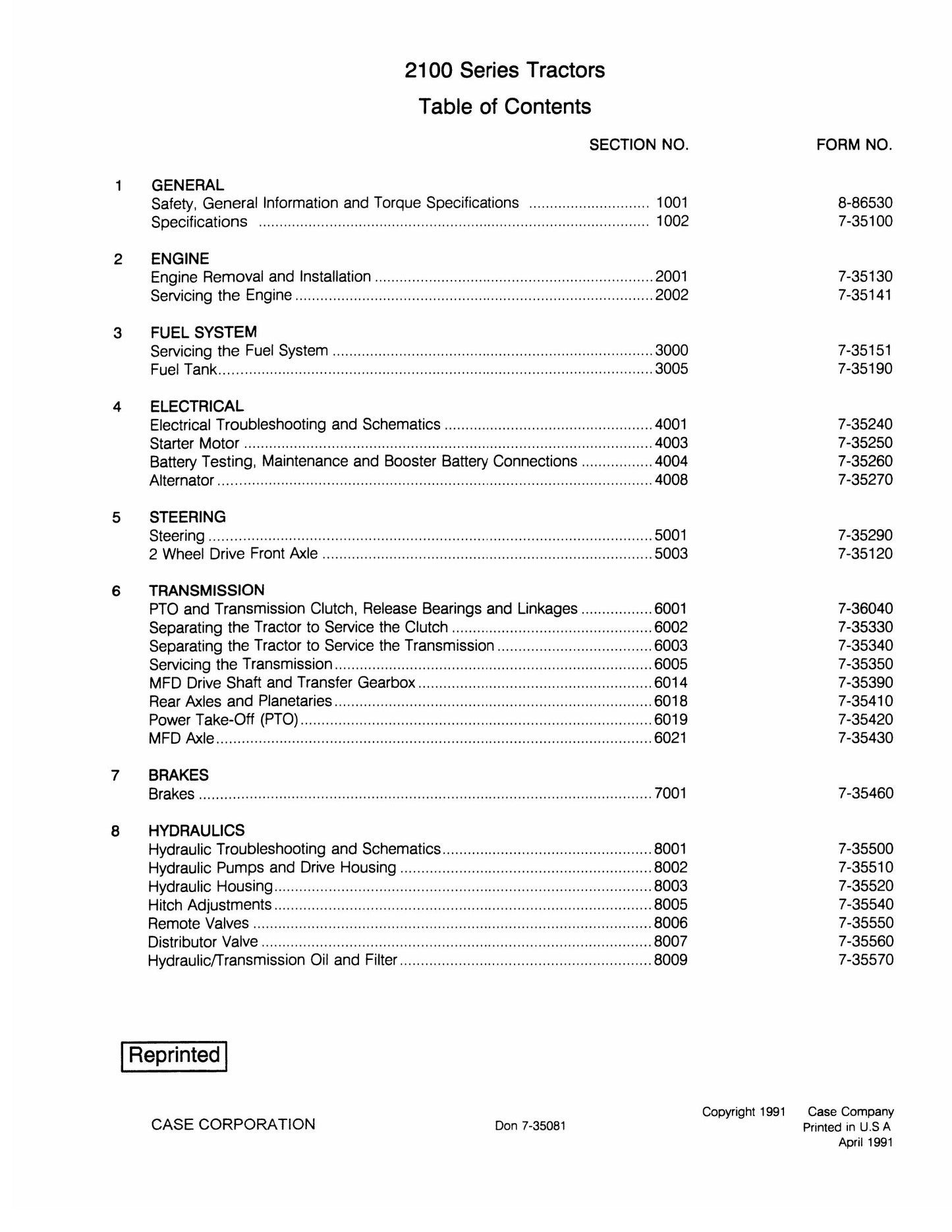 CASE 2100 Series Tractor Factory Workshop Service Manual Don 7-35081