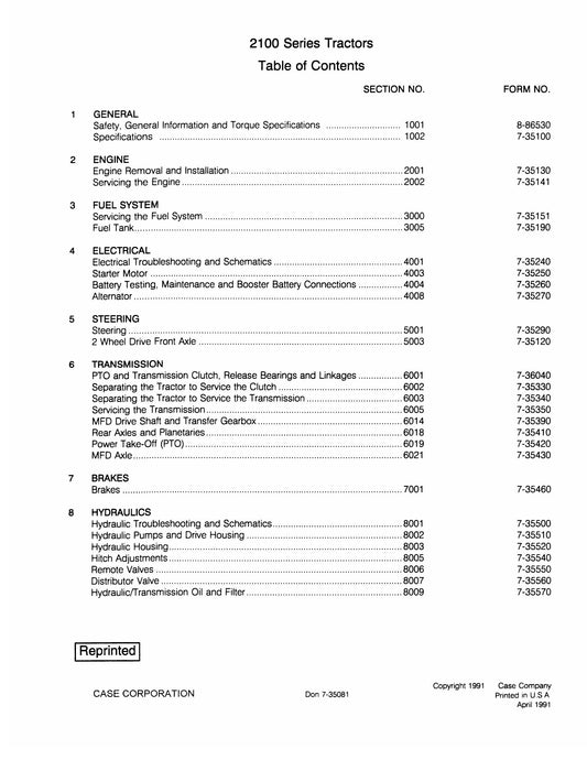 CASE 2100 Series Tractor Factory Workshop Service Manual Don 7-35081