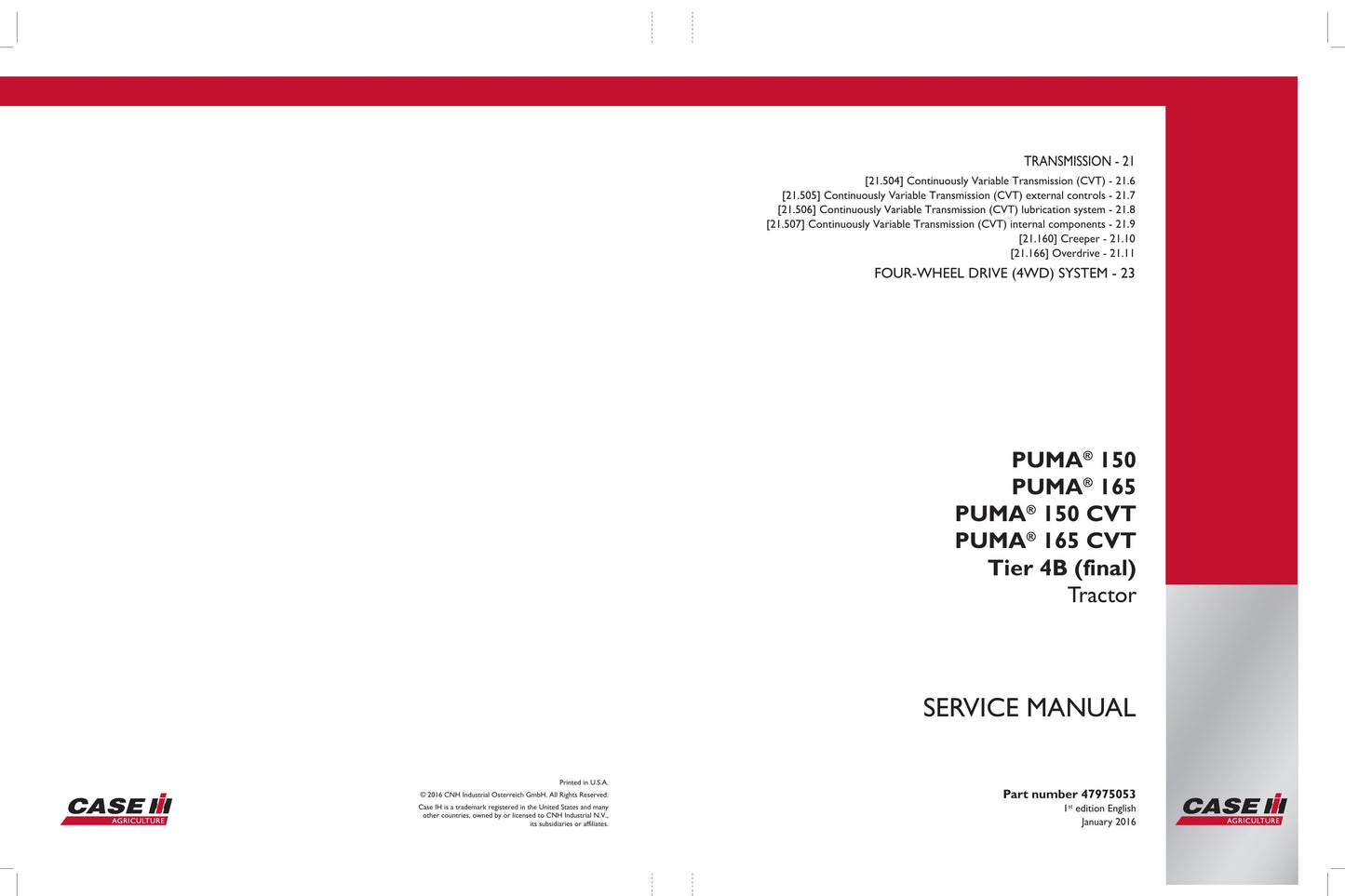CASE PUMA 150 PUMA 165 PUMA 150CVT PUMA 165CVT Tractor Factory Workshop Service Manual 47975853
