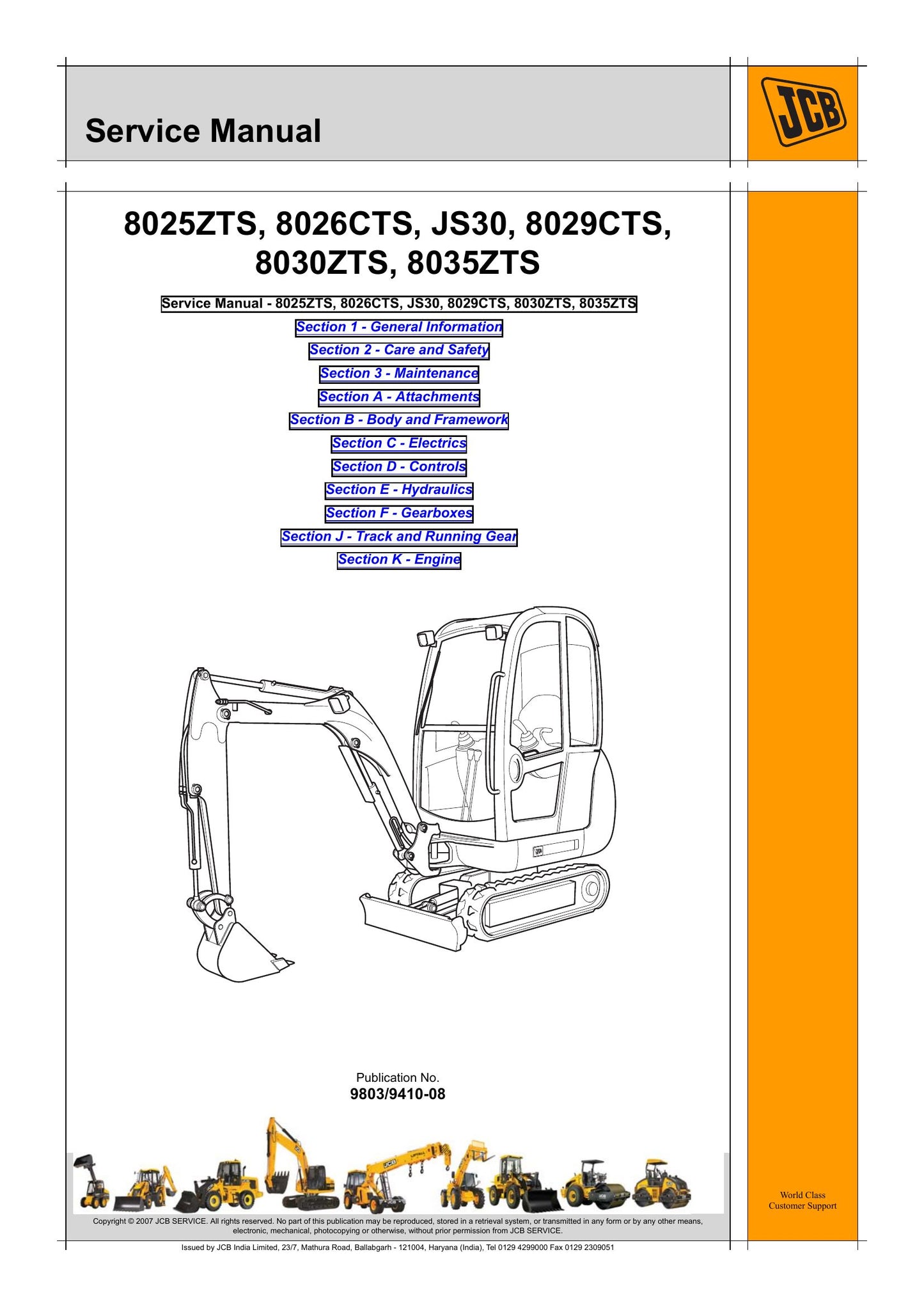 JCB 8025ZTS 8026CTS JS30 8029CTS 8030ZTS 8035ZTS Crawler Excavator Factory Workshop Service Manual 9803/9410-08
