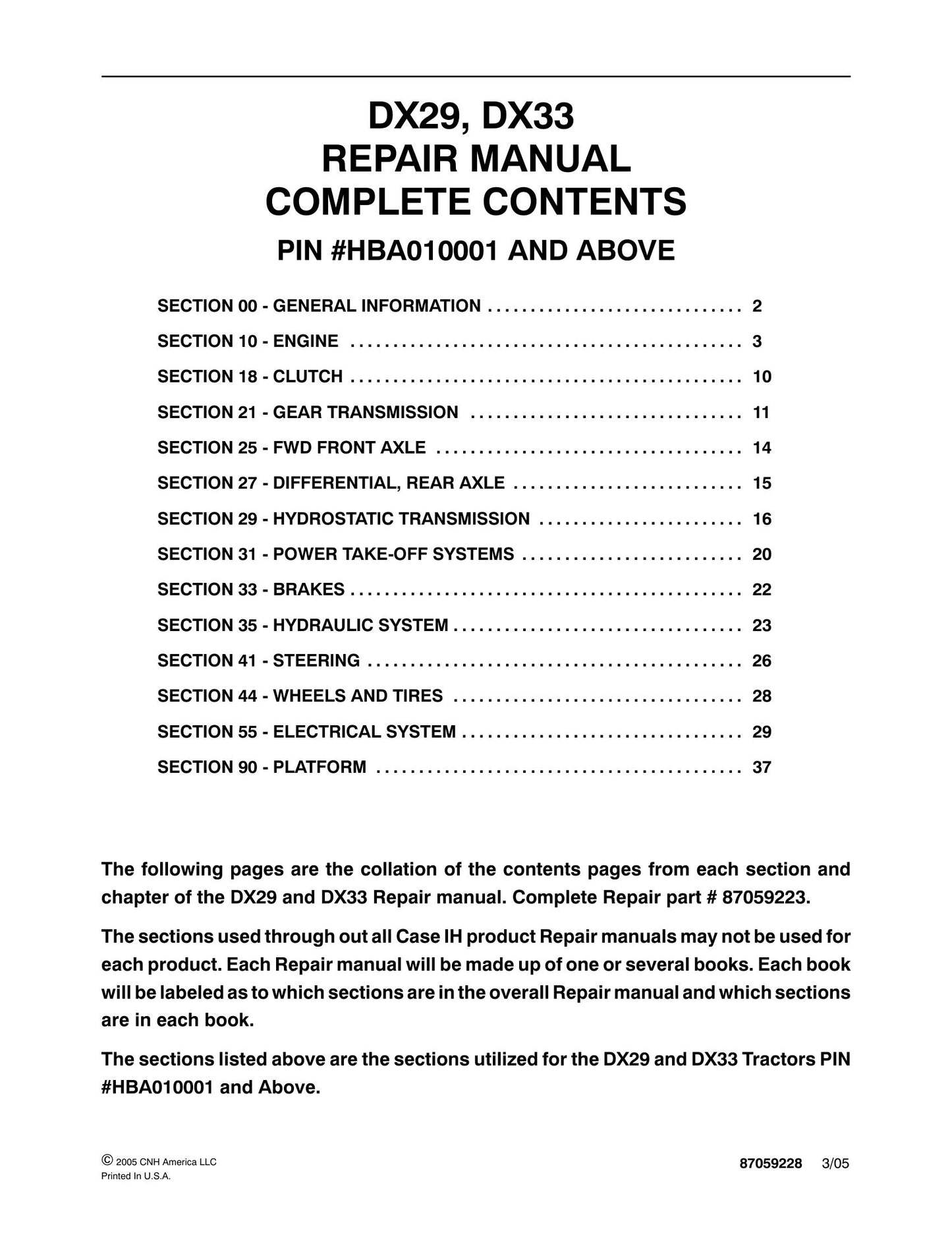 CASE IH DX29 DX33 Tractor Factory Workshop Repair Manual 87059223