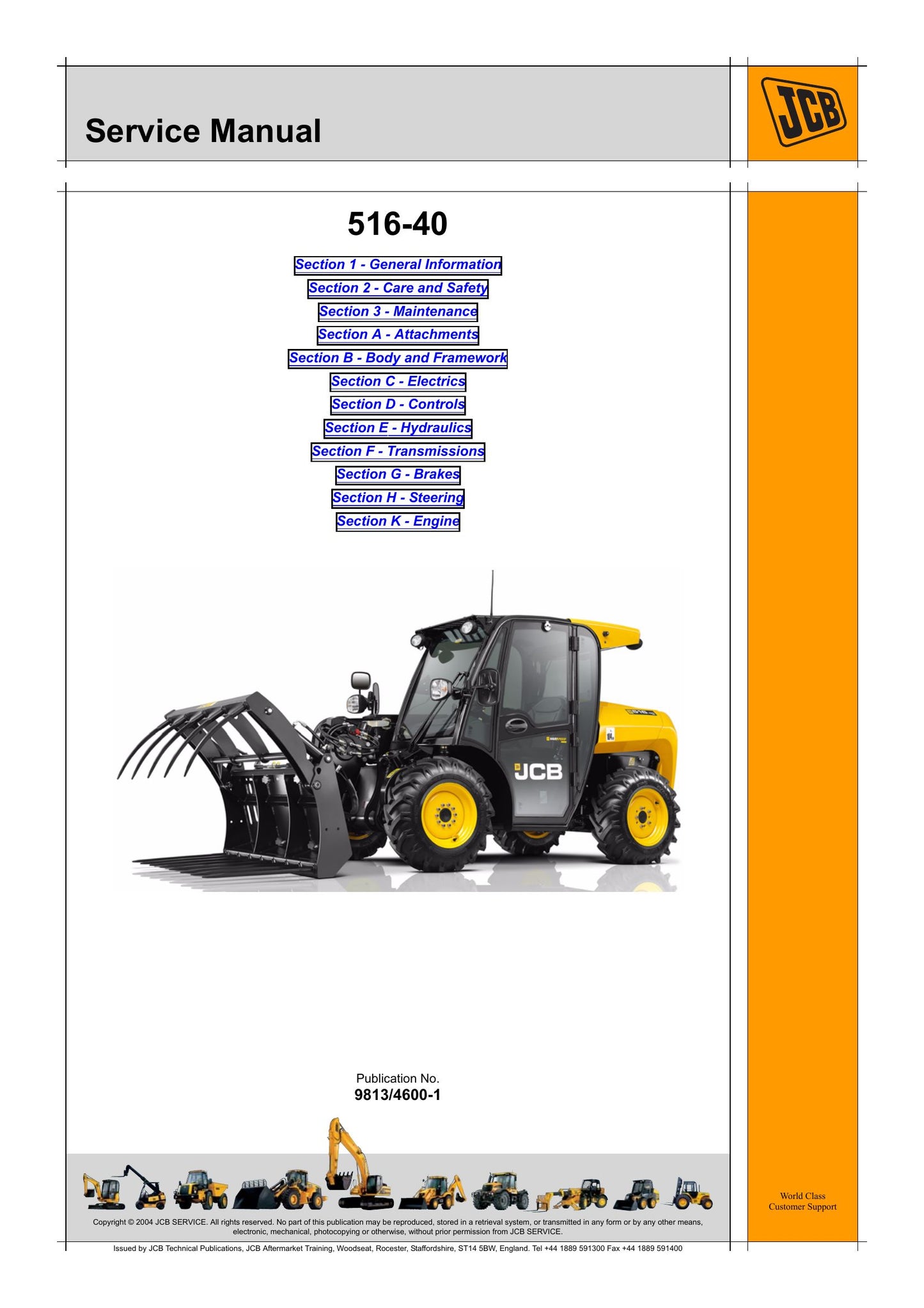 JCB 516-40 Telehandler Factory Workshop Service Manual 9813/4600-1