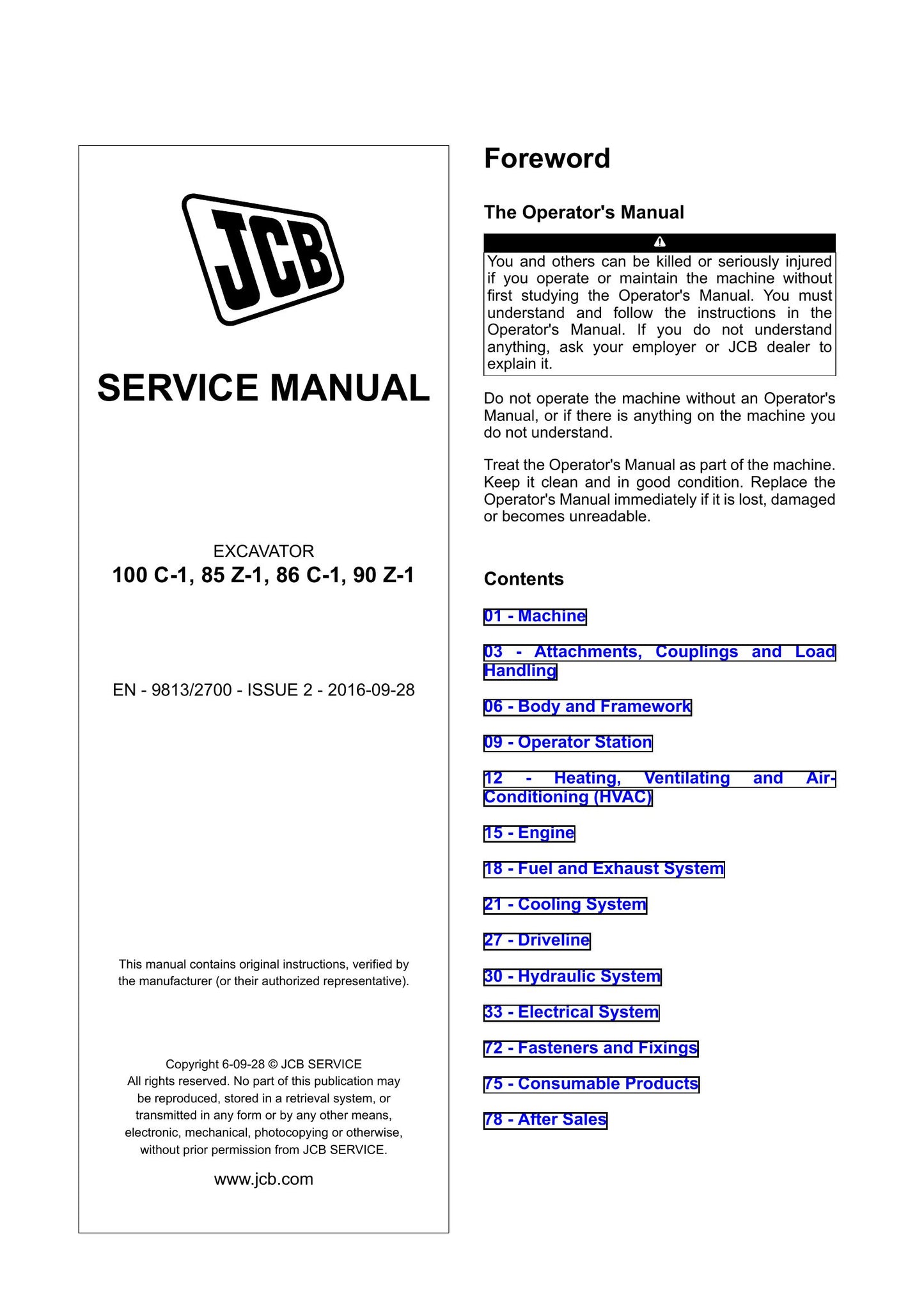 JCB 100 C-1 85 Z-1 86 C-1 90 Z-1 Excavator Factory Workshop Service Manual 9813/2700