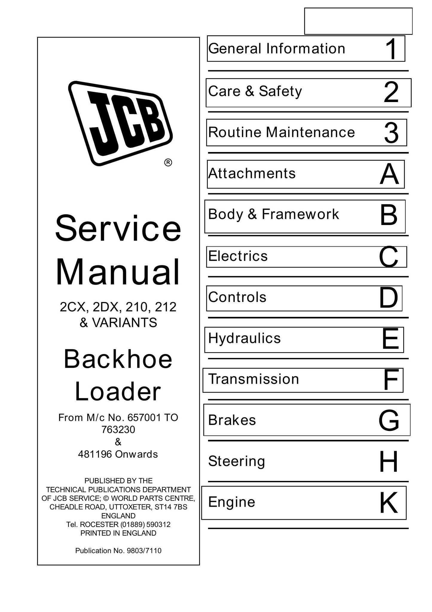 JCB 2CX 2DX 210 212 Backhoe Loader Factory Workshop Service Manual 9803/7110