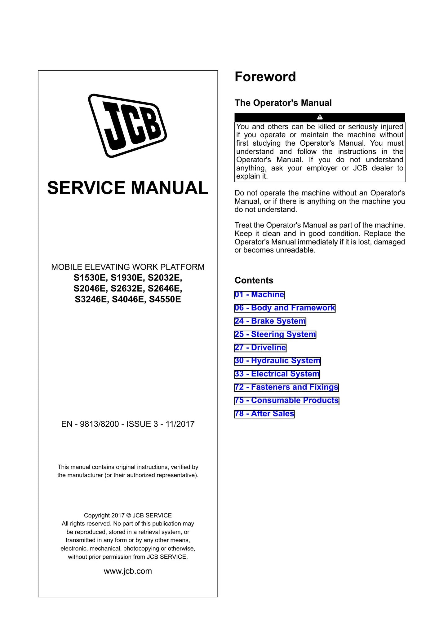 JCB S1530E S1930E S2032E S2046E S2632E S2646E S3246E S4046E S4550E Mobile Elevating Work Platform Factory Workshop Service Manual 9813/8200