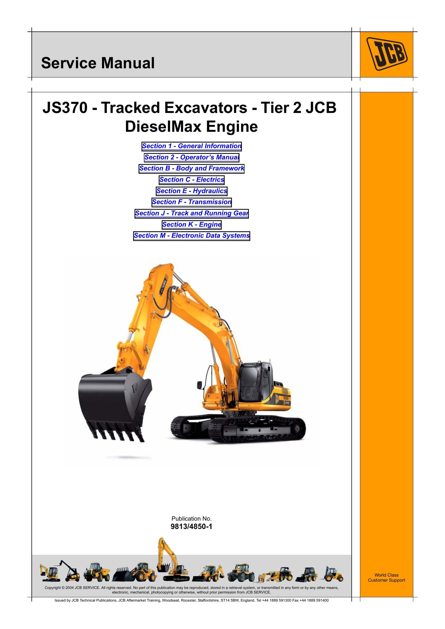 JCB JS370 Tracked Excavator Factory Workshop Service Manual 9813/4850-1