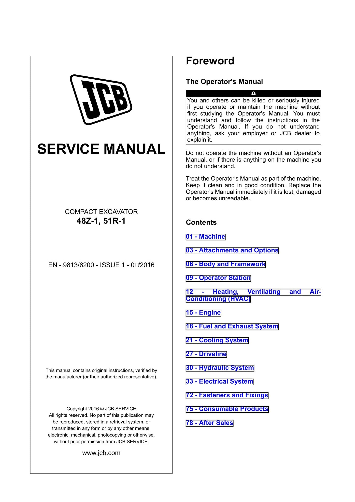 JCB 48Z-1 51R-1 Compact Excavator Factory Workshop Service Manual 9813/6200
