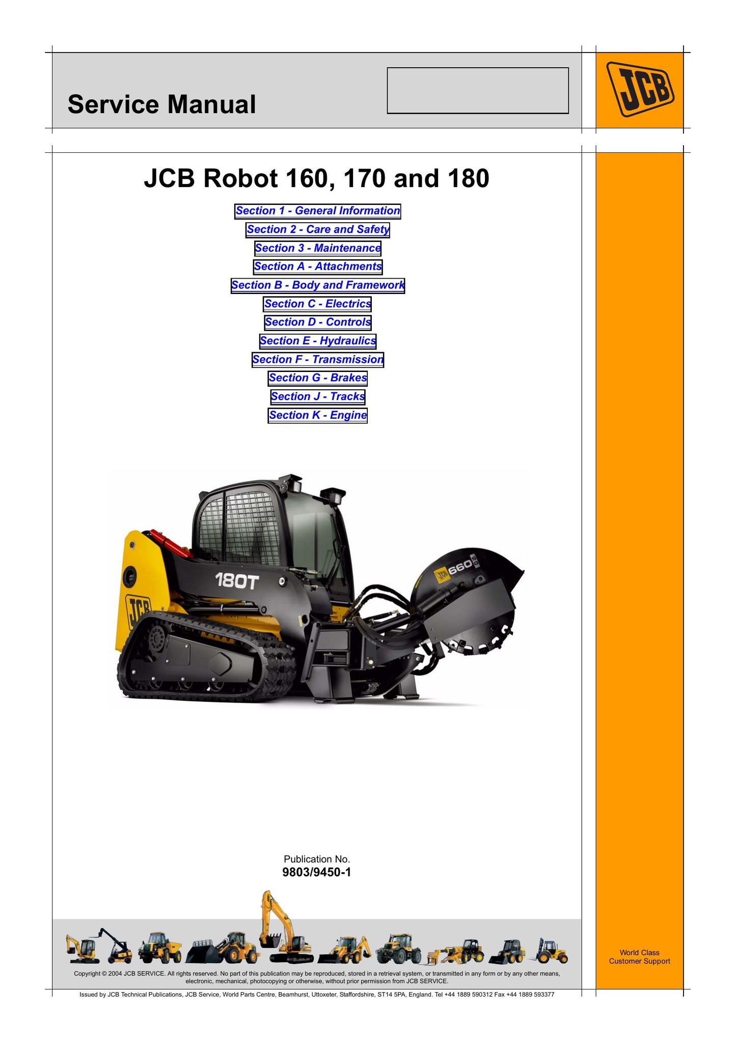 JCB Robot 160 170 180 Skid Steer Loader Factory Workshop Service Manual 9803/9450-1